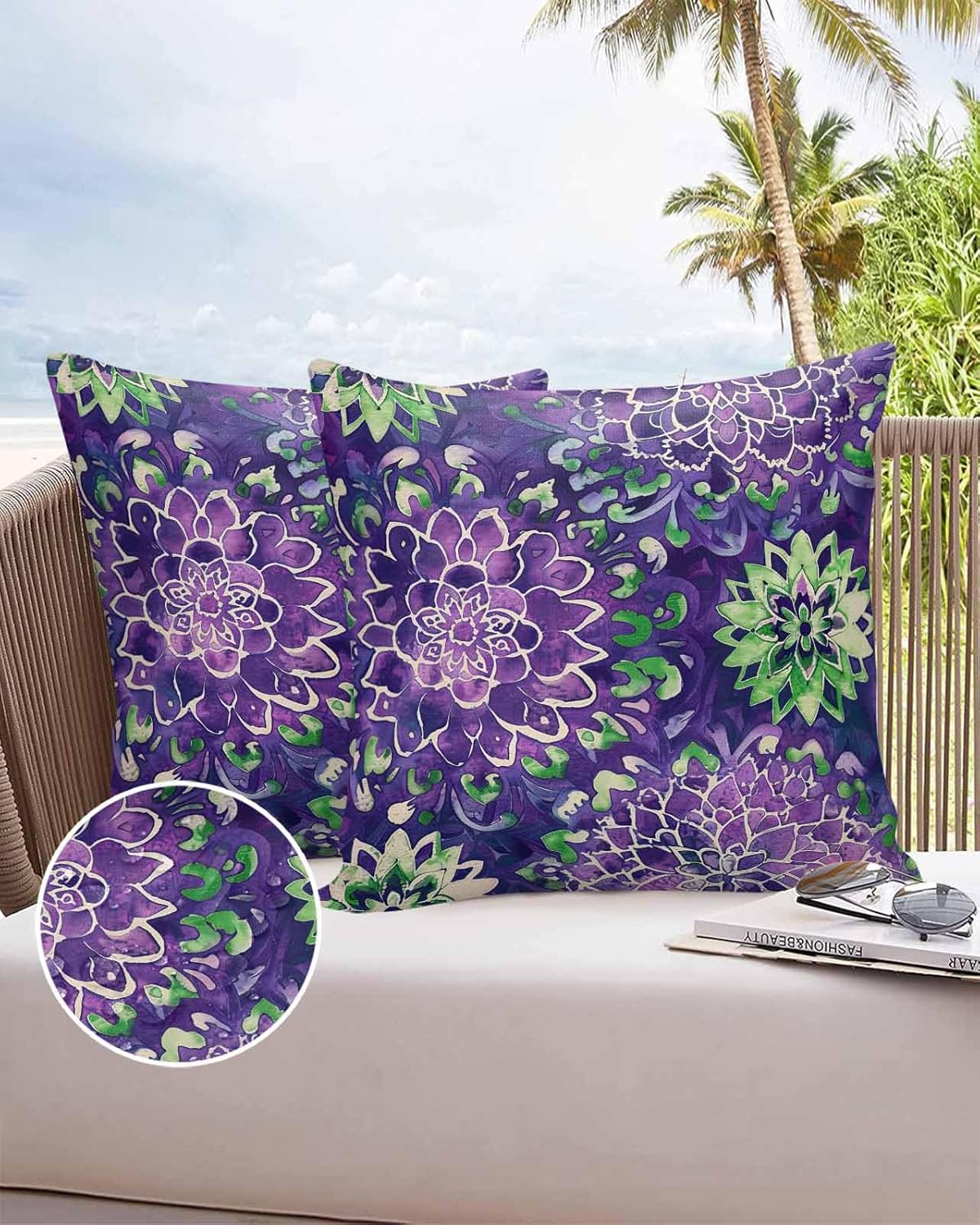 DecorLovee Purple Green Flowers Waterproof Outdoor Pillow Covers, Decorative Pillow Cases, Watercolor Vintage Botanical Square Garden Throw Cushion Cases for Patio/Sofa/Couch 24"x24" 2 Pack