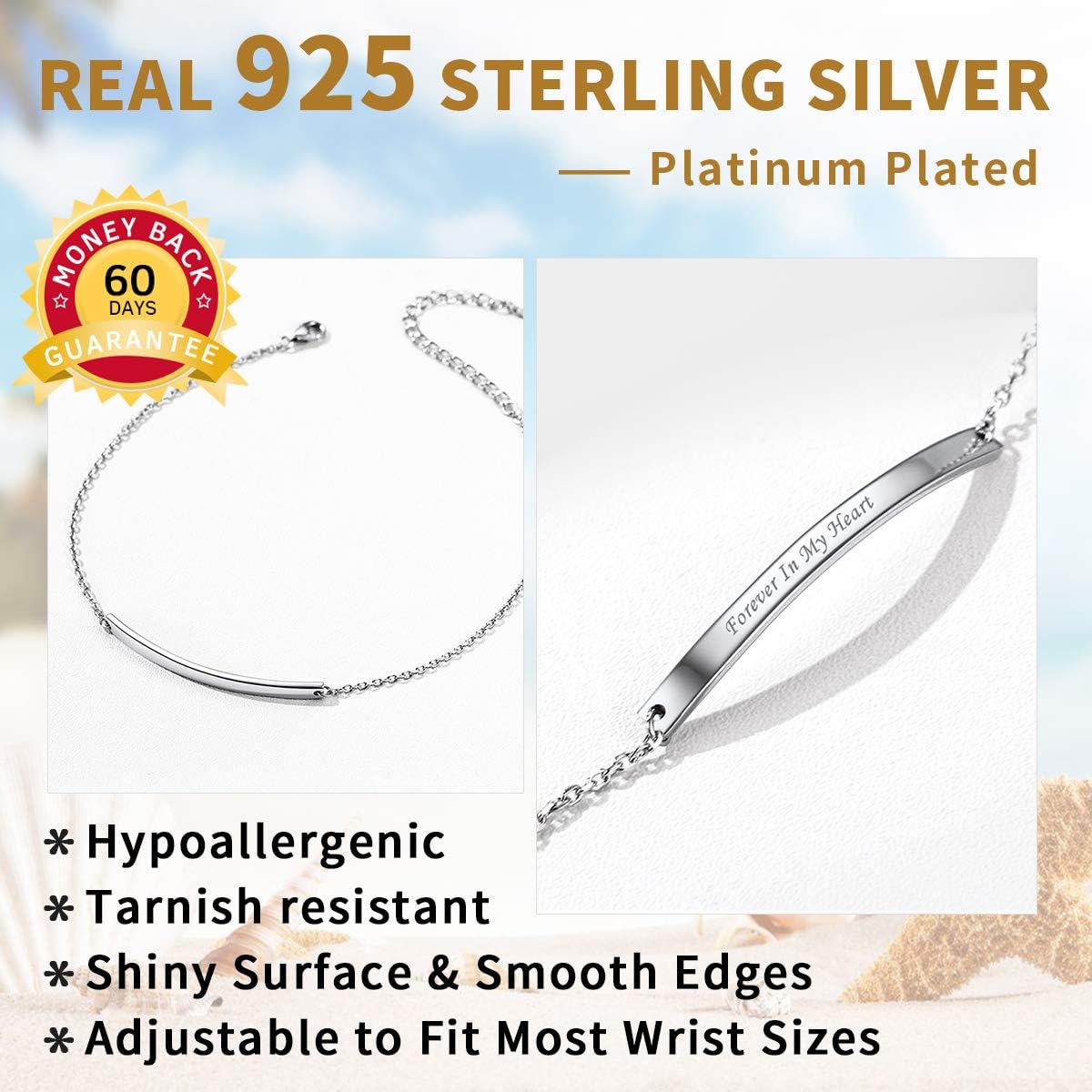 ChicSilver Personalized Bar Bracelet for Women Teen Girl 925 Sterling Silver Engraved Initial Name Nameplate Bar Link Charm Bracelet Identification ID Bracelet Friendship BFF Bracelet Adjustable : Clothing, Shoes & Jewelry