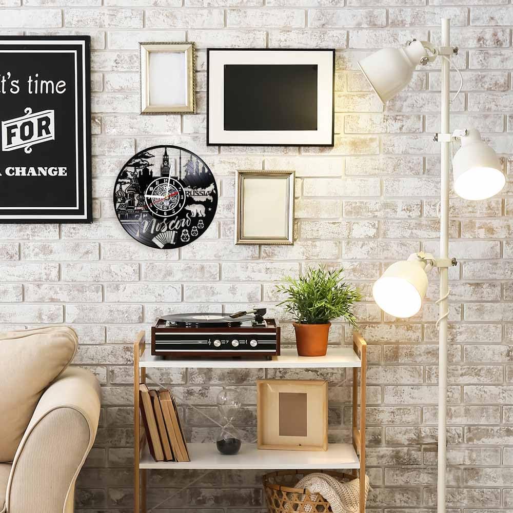 The Geeky Days Moscow Capital Russian Skyline Vinyl Record Wall Clockfor Office Room Cityscape Skyline Home Decor Silent Timepieces Handcraft Carved Music Album Wall Clock Russia Cityscape Travel Gift