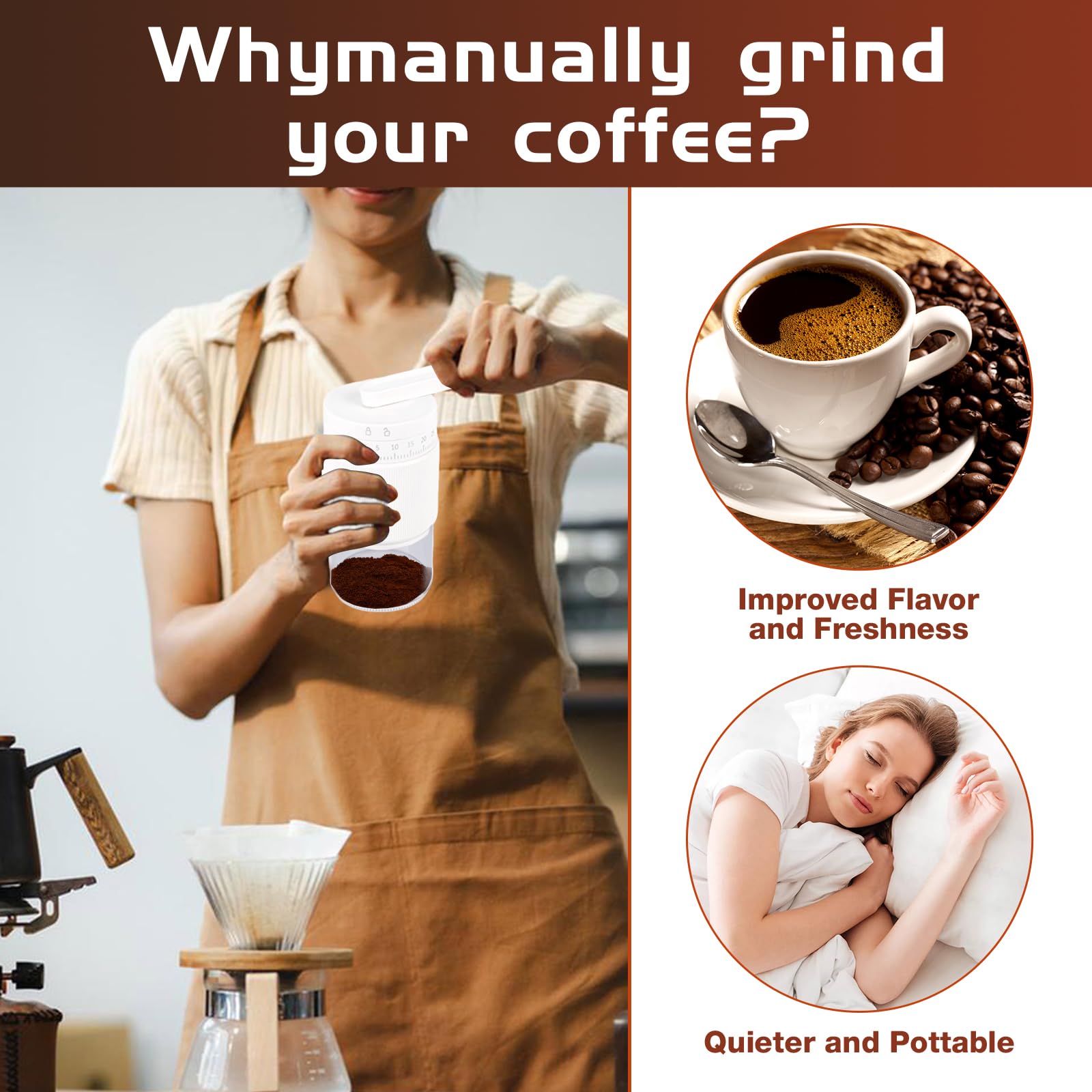 Manual Coffee Grinder - 95 Ceramic Burr, Adjustable Coarse to Fine, 30g Beans & 80ml Powder, Detachable Handle for Espresso, French Press, Camping - 4