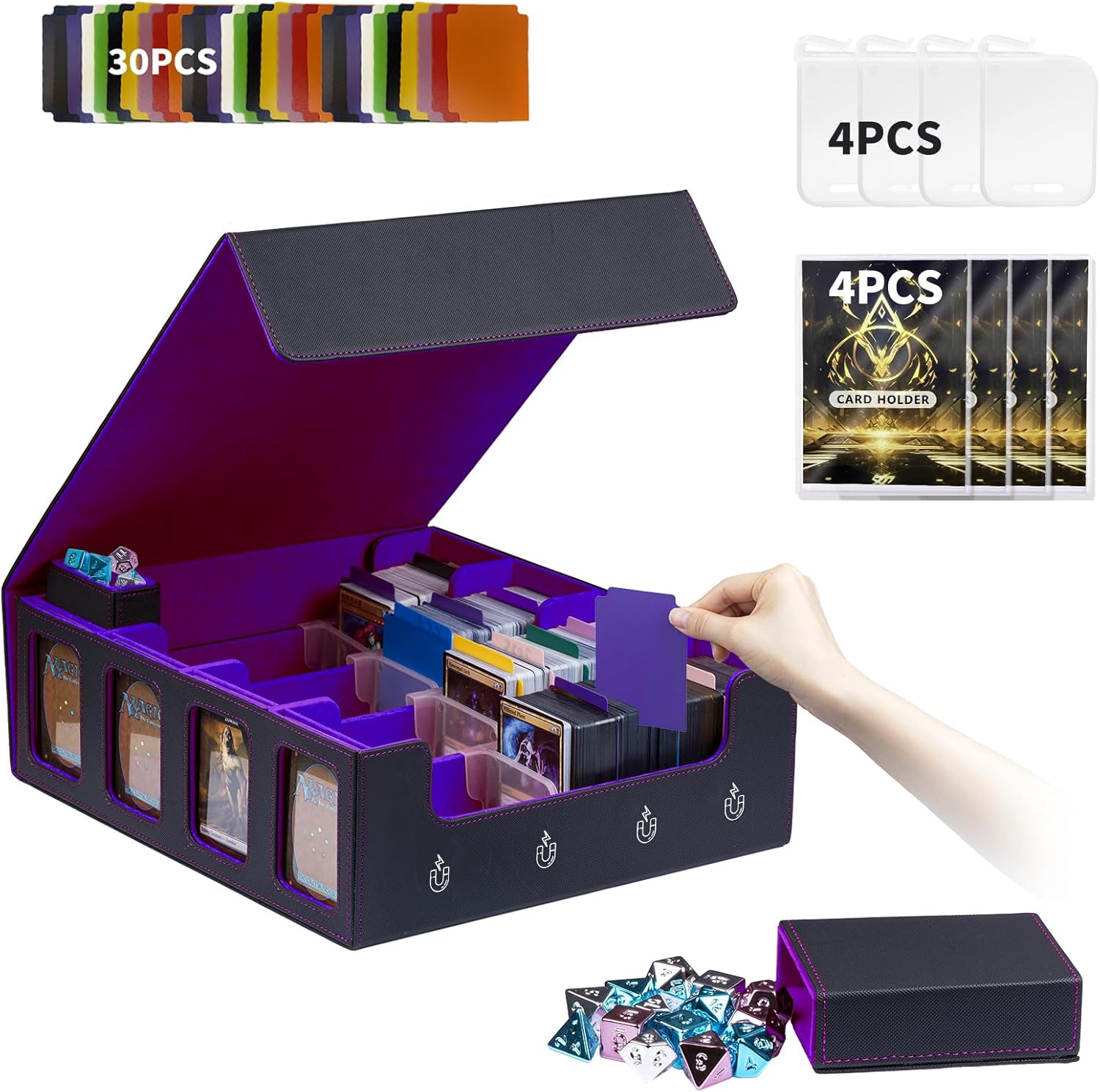 mtg commander deck box 3200+trading card storage box tcg deck case with display windows dice tray,card organizer 30 colorful dividers& 4 supporters& 4 toploaders purple 3200+