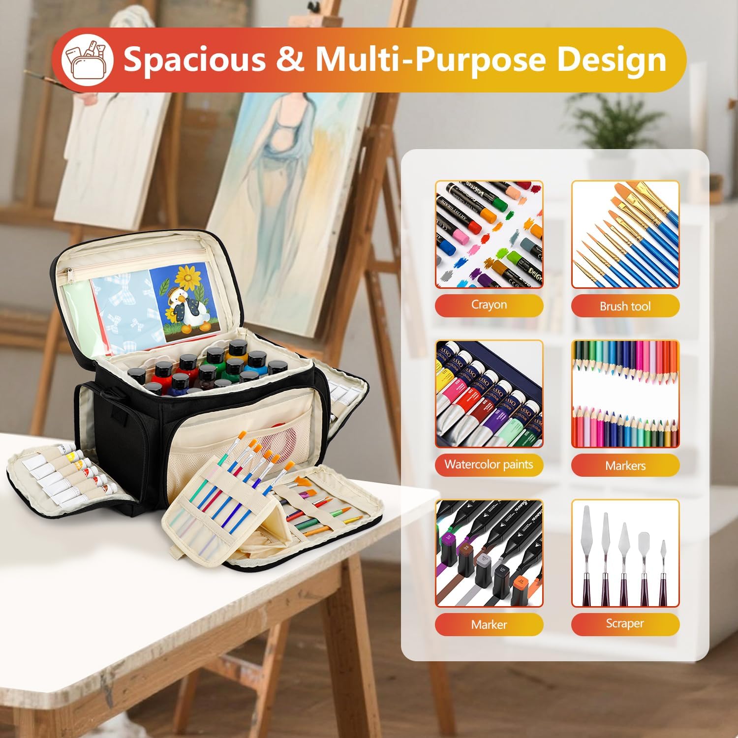 Acrylic Paint Organizer Bag - Large Capacity Paint Storage Case for Acrylic, Oil & Watercolor Tubes, Brush Holders, Travel Art Supply Tote, Christmas Gift for Artists & Art Students