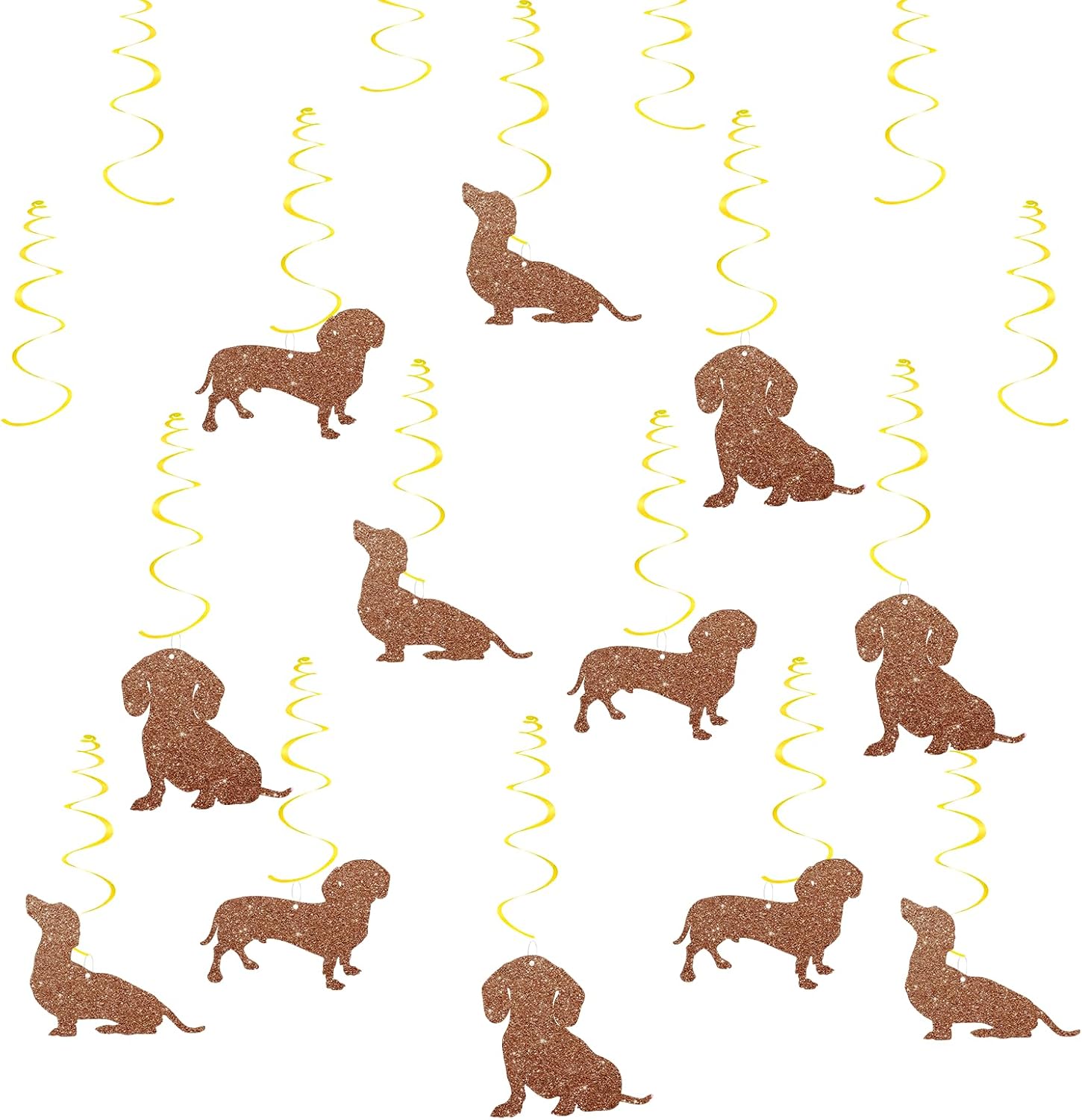 30pcs Dachshund Hanging Swirls, Dachshund Birthday Hanging Decor, Puppy Pet Wiener Dog Ceiling Foil Swirl, Let's Pawty Party Favors - Brown Glitter