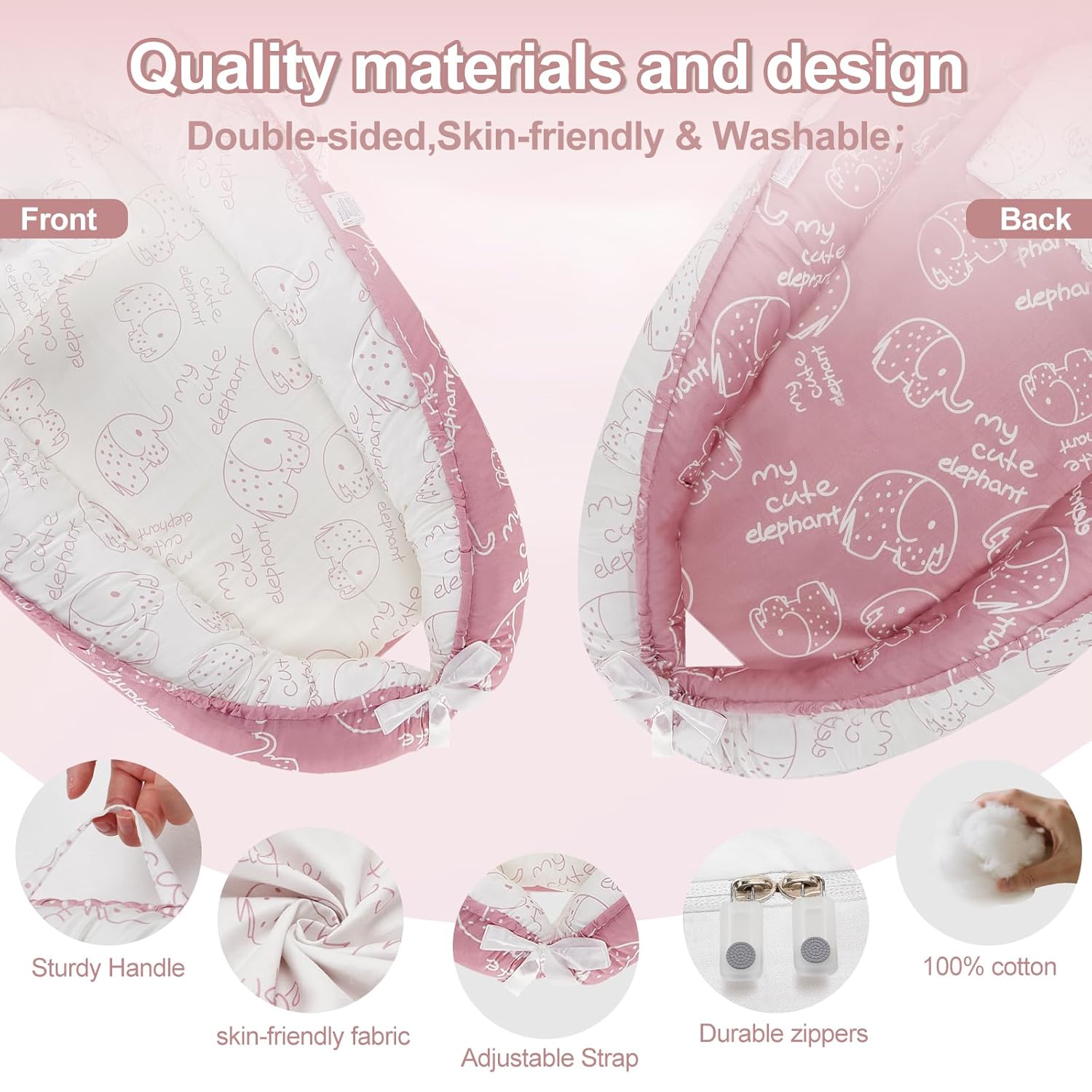 Baby Lounger for Newborn (0-24 Months) - 100% Cotton Baby Nest with Handles, 2-in-1 Play Mat & Diaper Changing Pad, Portable for Home & Travel, Infant Essentials Gifts (Elephant Pink)