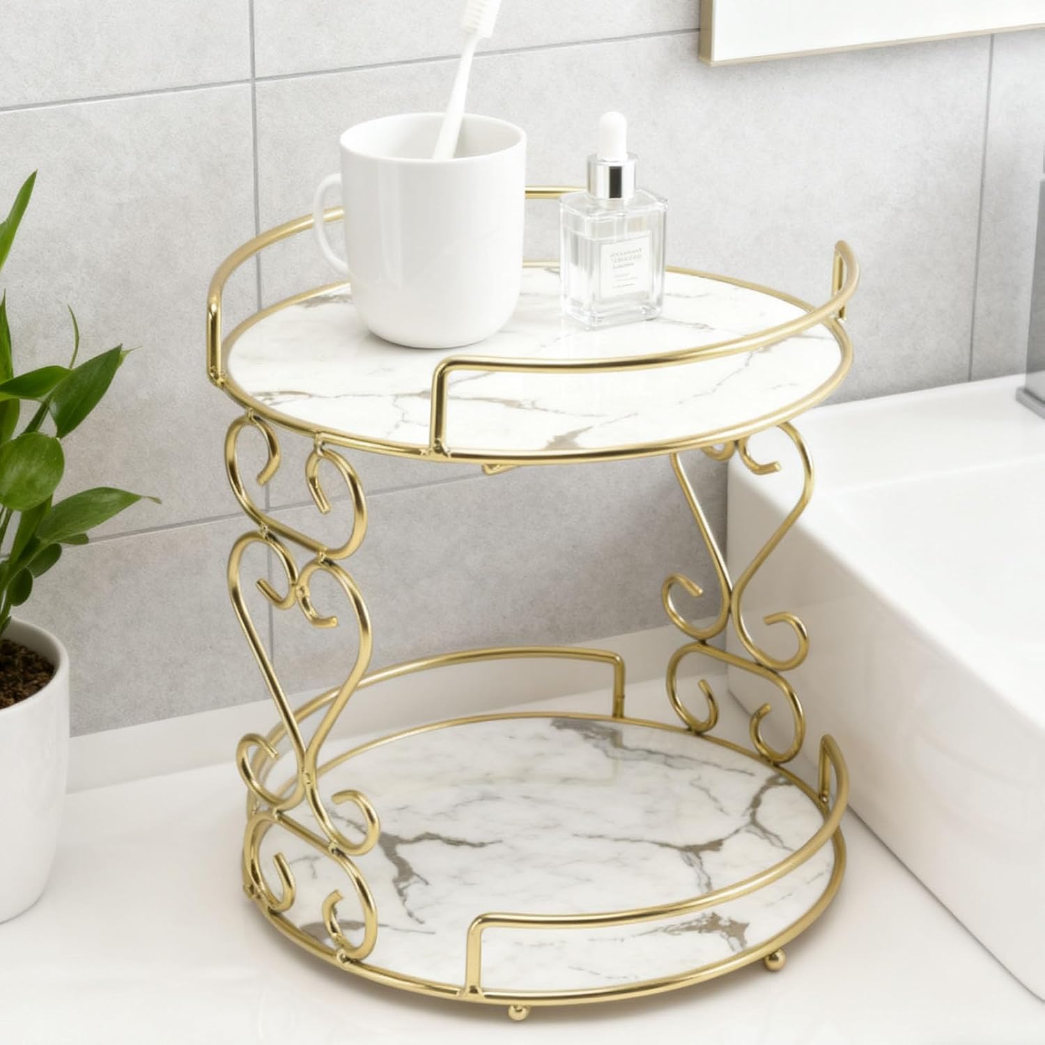 2 Tier Cosmetic Storage Rack, Makeup Organizer Shelf, Bathroom Vanity Tray Jewelry Stand for Perfumes Toothbrushes Various Toiletries Easy to Wipe (White)