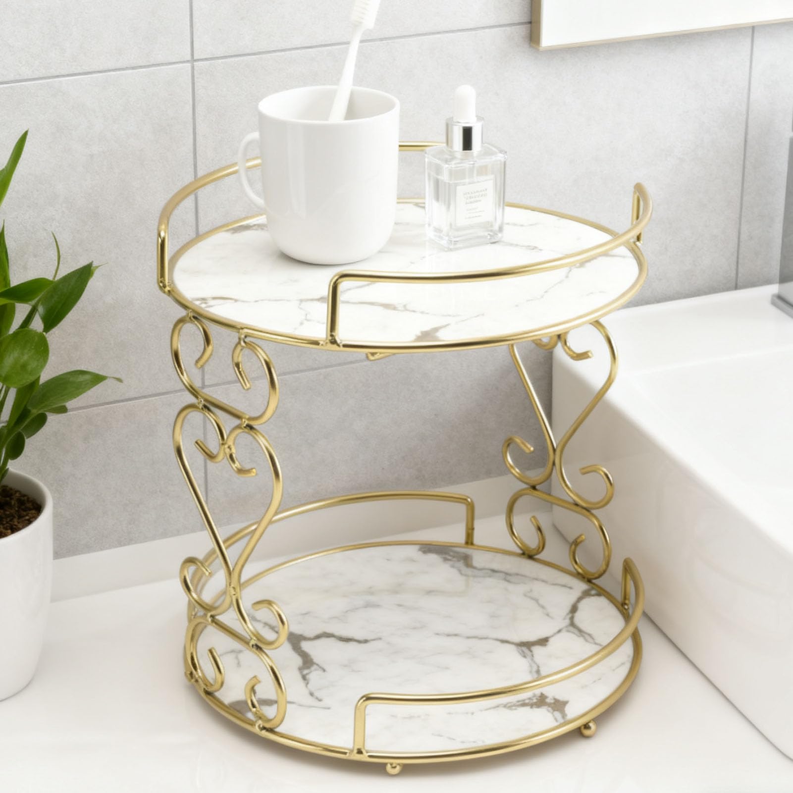 Generic Support de Rangement pour Cosmétiques, Organisateur de Maquillage Exquis à 2 Niveaux, Parfait pour la vanité de Salle de Bain, Le Fer et Le Verre (White)