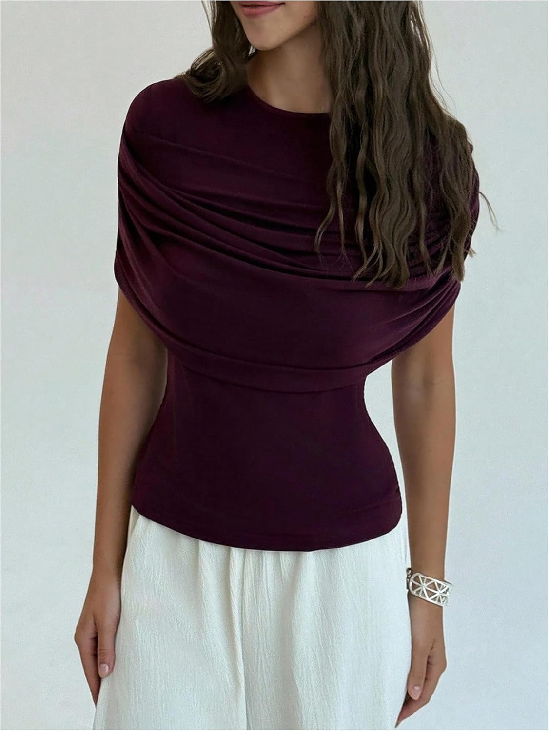 SHENHE Women's Short Sleeve Slim Fitted Tee Shirt Ruched Draped Dressy Going Out Top - Image 4