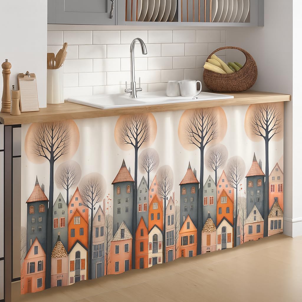 Premium Printed Kitchen Sink Curtain with Rod Pocket | Under Sink Storage Cover | Washable Dustproof Cabinet Curtain for Kitchen Counter, Wash Basin (City, Pack of 1)-image-7