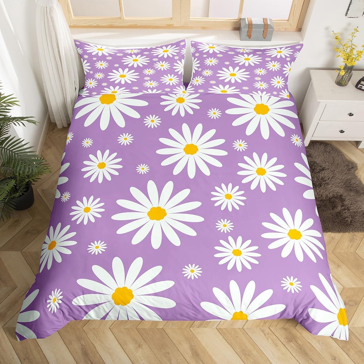 Erosebridal Kids Cartoon Flower Duvet Cover Twin for Kids Boys Girls,Purple White Daisy Comforter Cover,Groovy Floral Bedding Set,Wildlife Bed Set with 1 Pillowcase Bedroom Decor