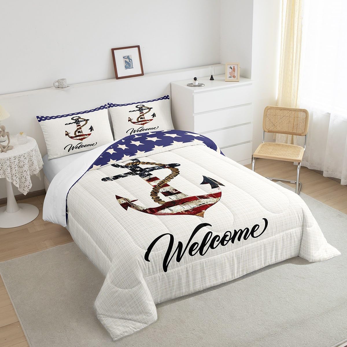 Castle Fairy American Flag Anchor Bedding Set King Size,Nautical Adventure Comforter for Kids Teens Boys Room Decor,Navy Blue Geometric Star Quilt Vintage White Duvet Insert,2 Pillowcases Anchor 6 image 4