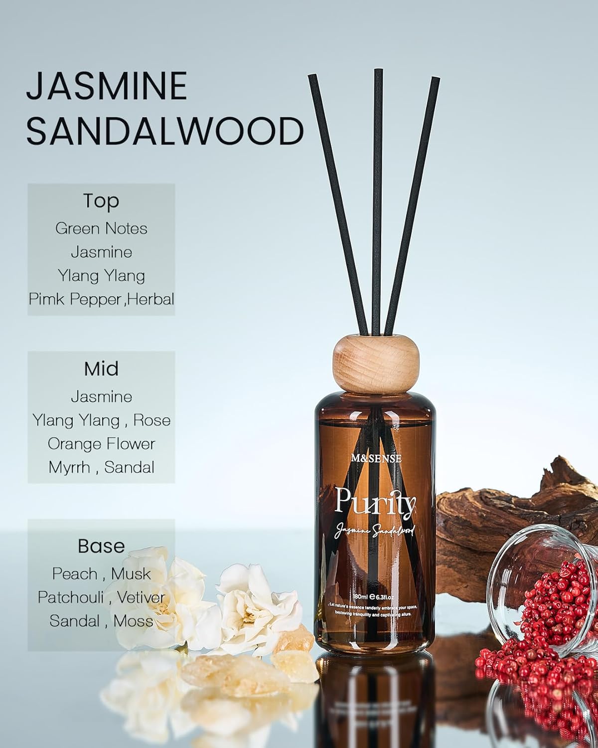 M&SENSE Jasmine Sandalwood Reed Diffuser: 6.3 fl oz Non-Toxic Aroma Set with Sticks, Light & Subtle Fragrance, Long-Lasting Natural Essential Oil Gifts for Bedroom, Shelf Decor & Small Spaces - Image 2