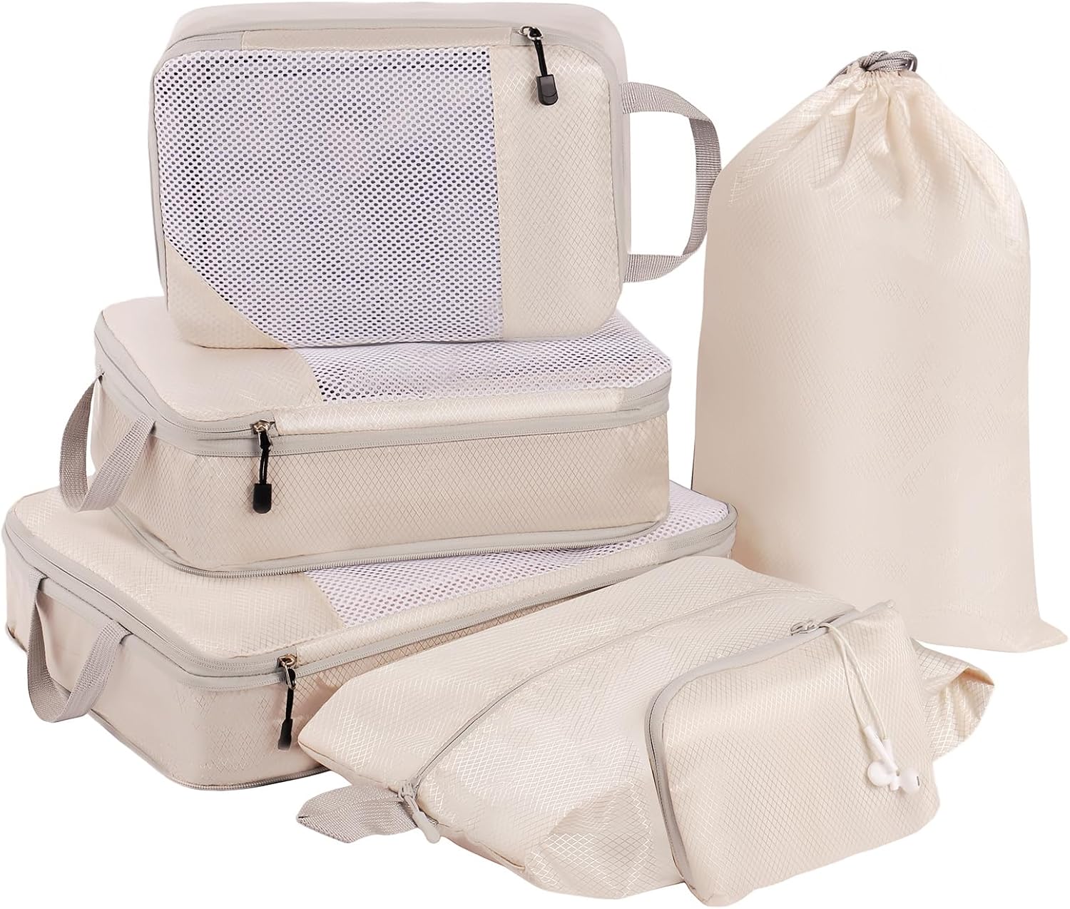 MADIKA 6 Set Compression Packing Cubes Travel Accessories Expandable Packing Organizer Bags Mesh Lightweight (Beige)