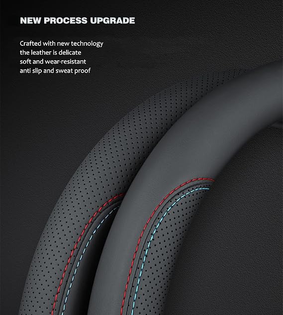 Premium Car Steering Wheel Cover Cover, 37-38 cm Black Universal Microfiber Leather Covers Breathable Anti-Slip Odorless Steering Wheels Accessories for Men Women, Black with Red Stitching