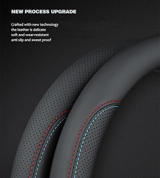 Premium Car Steering Wheel Cover Cover, 37-38 cm Black Universal Microfiber Leather Covers Breathable Anti-Slip Odorless Steering Wheels Accessories for Men Women, Black with Red Stitching