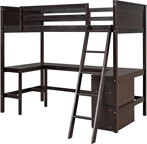 Miniatura 4 de Quarte Cama tipo loft moderna de tamaño individual con escritorio integrado y 3 estantes cama tipo loft de madera con escaleras y barandilla para