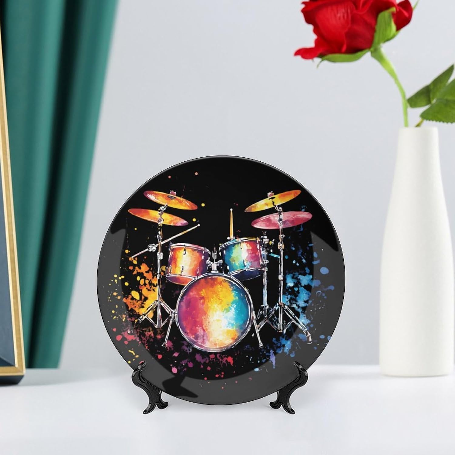 Watercolor Drum Splashes Decorative Plates for Display Ceramic Plate Tray with Stand Hanger Home Decor