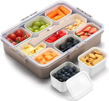 Snackle Box Container for Adults with 9 Compartment, Divided Serving Tray Snack Box Containers with Lid and Handle, Charcuterie Boxes Portable Snack Platter for Fruit Veggie Party Travel, Brown