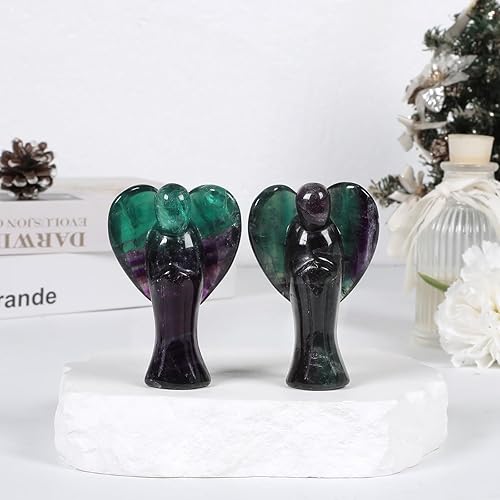 Miniatura 5 de Figura de ángel guardián de cristal de fluorita tallada a mano de 3 pulgadas para protección, estatua de ángel de cristal de bolsillo decorativa