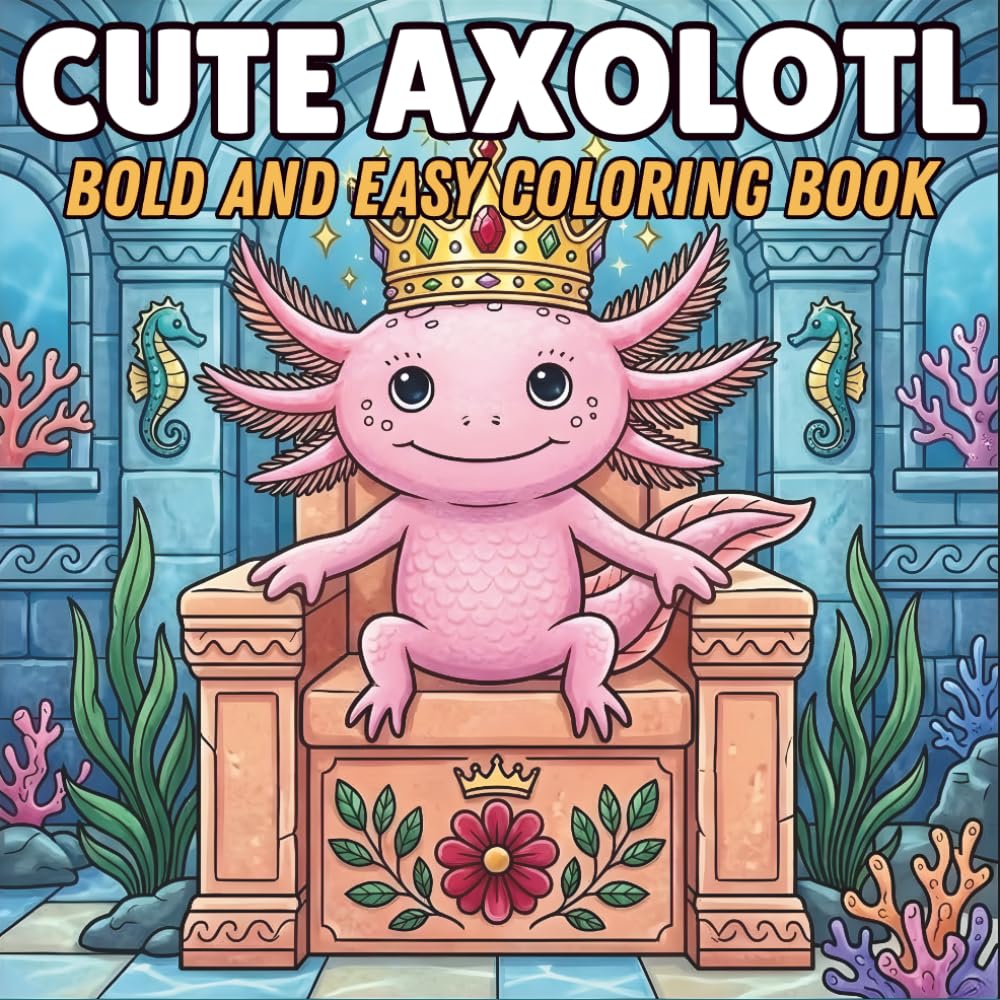 Cute Axolotl bold and easy coloring book: 50 Fun and Easy Underwater Designs for Mindfulness and Joy