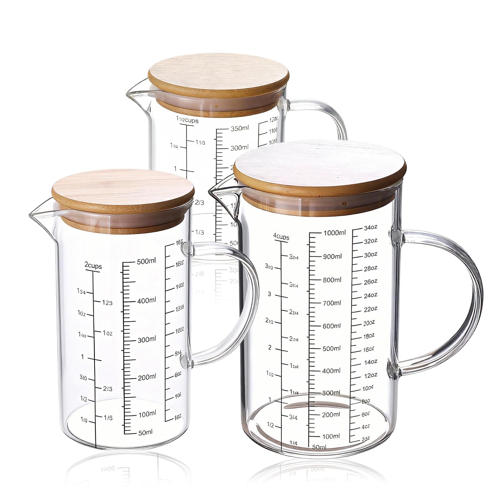 Zestaw 3 szklanek z miarką ze szkła, 350 ml + 500 ml + 1000 ml, szklane kubki z miarką z precyzyjną skalą bambusową i uchwytem, odporne na wysokie temperatury, szkło borokrzemowe, do kuchni
