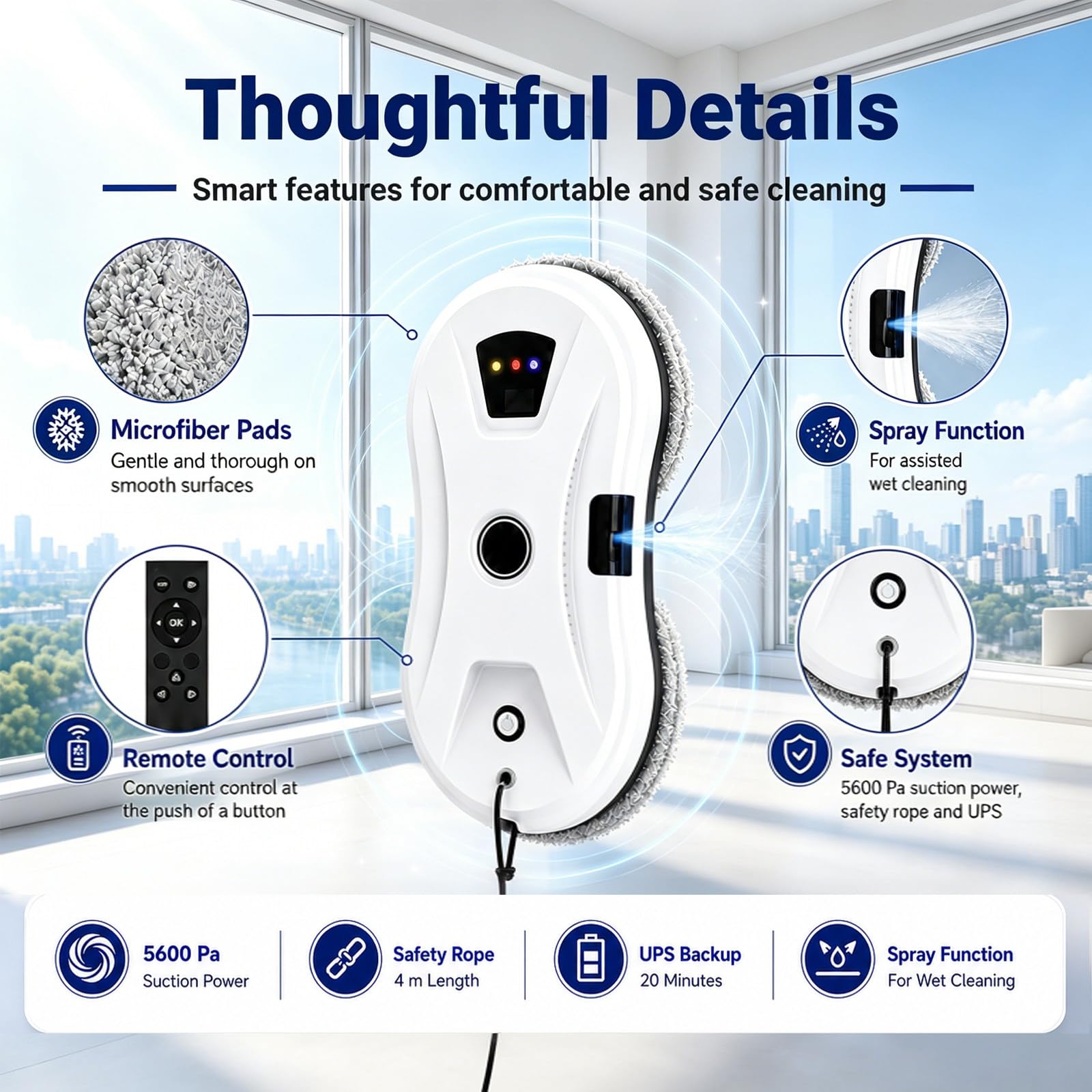 MIAOXIAOLONG Limpiacristales Robot con Seguridad 3 Capas, Navegación Inteligente, Succión 5600Pa y UPS Anticaídas, Ideal para Ventanas Altas, Puertas de Vidrio, Ducha, Regalo para Padres