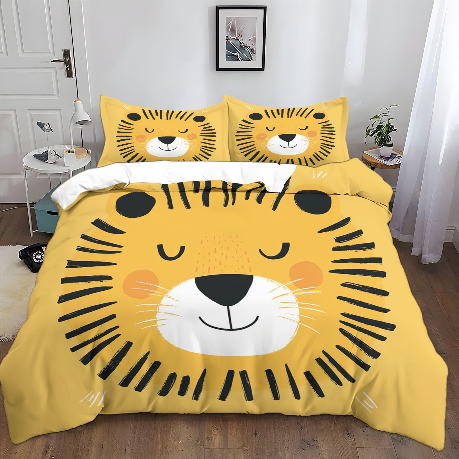 Copripiumino Singolo 150x200 cm Leone Giallo Astratto Del Fumetto Set di Biancheria da Letto per Bambini per Ragazzi e Ragazzi, Copripiumino in Poliestere Cotone 3 pezzi Copriletto
