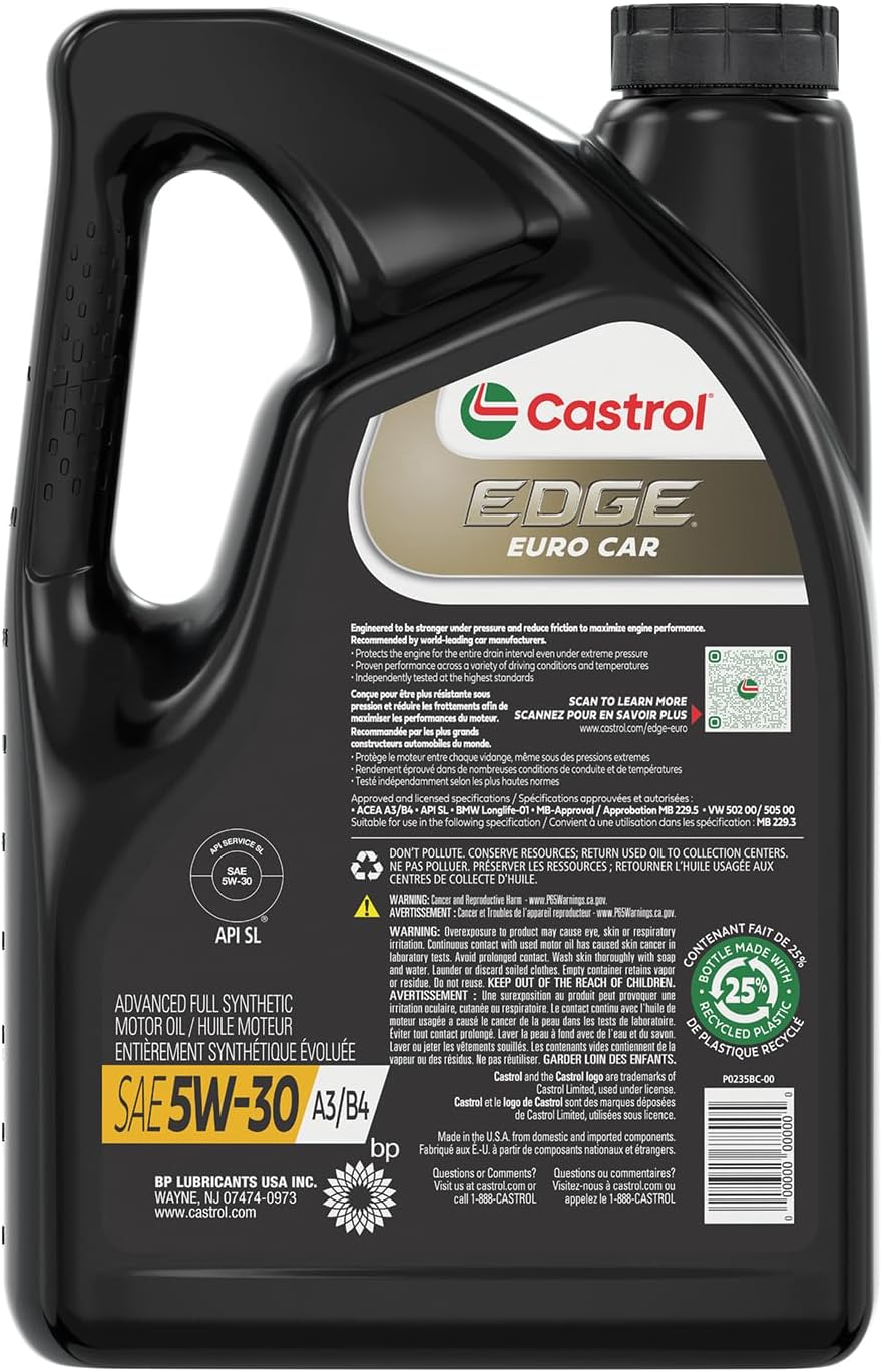 Castrol Edge Euro 5W-30 A3/B4 European Advanced Full Synthetic Motor Oil, 5 Quarts (Pack of 1)
