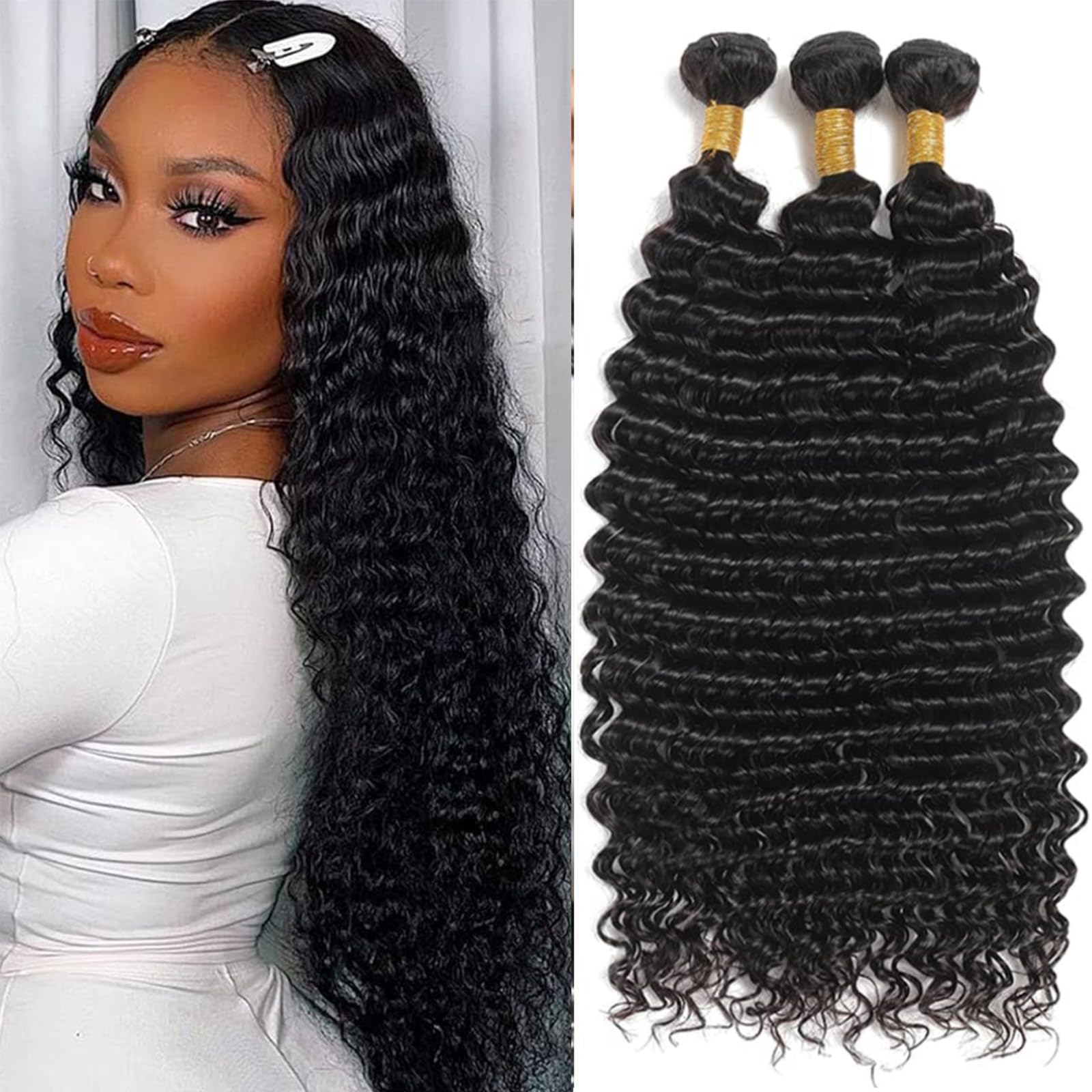 Human Hair Bundles 20 22 24 Inch Deep Wave Bundles Human Hair 12A 100% Unprocessed Virgin Remy Deep Curly Bundles Human Hair Weave 3 Bundles Deals Human Hair Extensions Natural Color