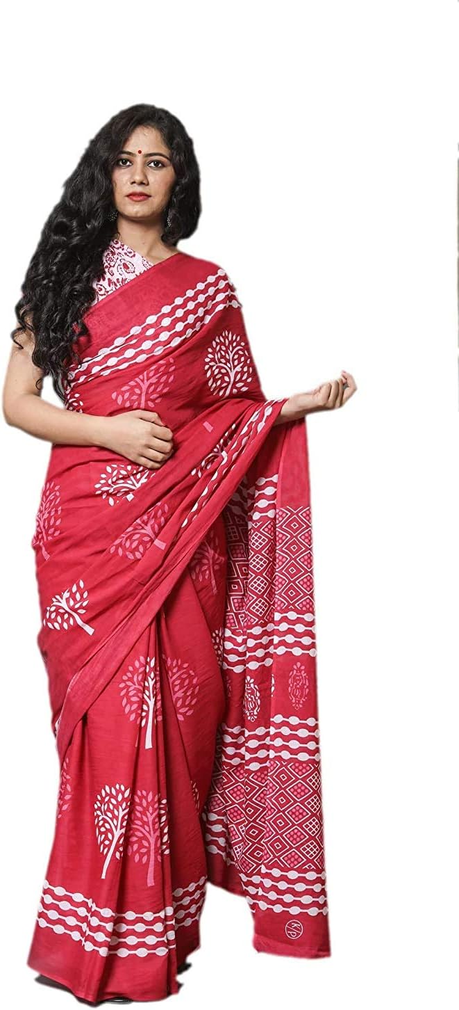 JALTHERJalther Handicrafts Women's Ikat Hand Block Print Jaipuri Cotton Mulmul Saree with Blouse Piece
