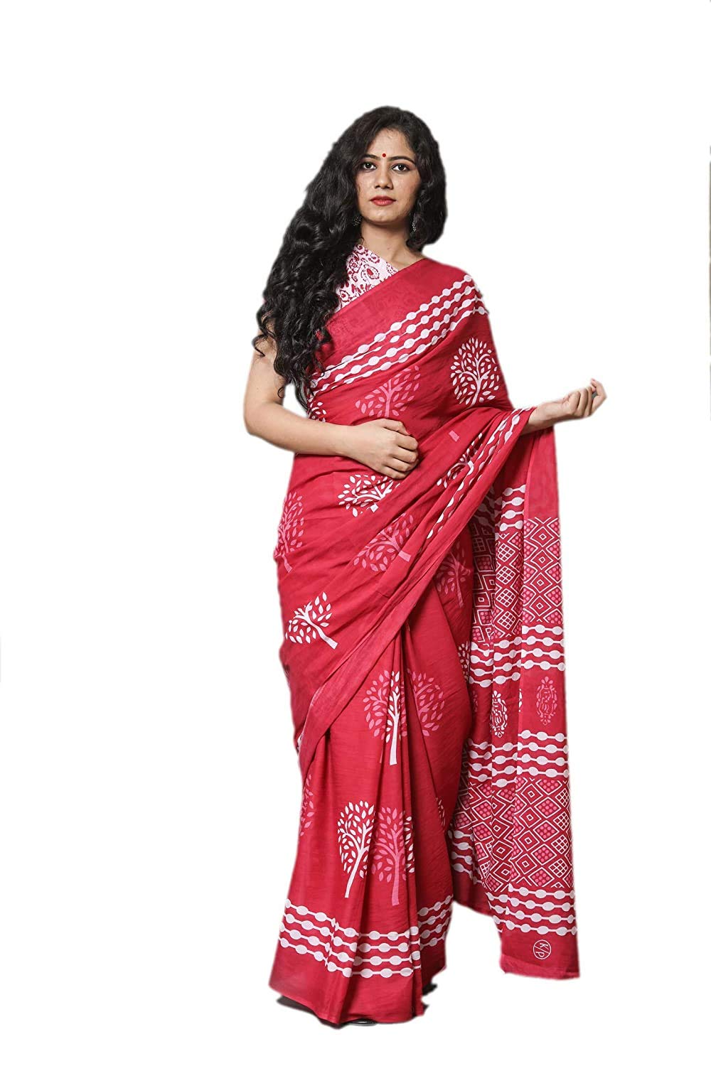 JALTHERJalther Handicrafts Women's Ikat Hand Block Print Jaipuri Cotton Mulmul Saree with Blouse Piece