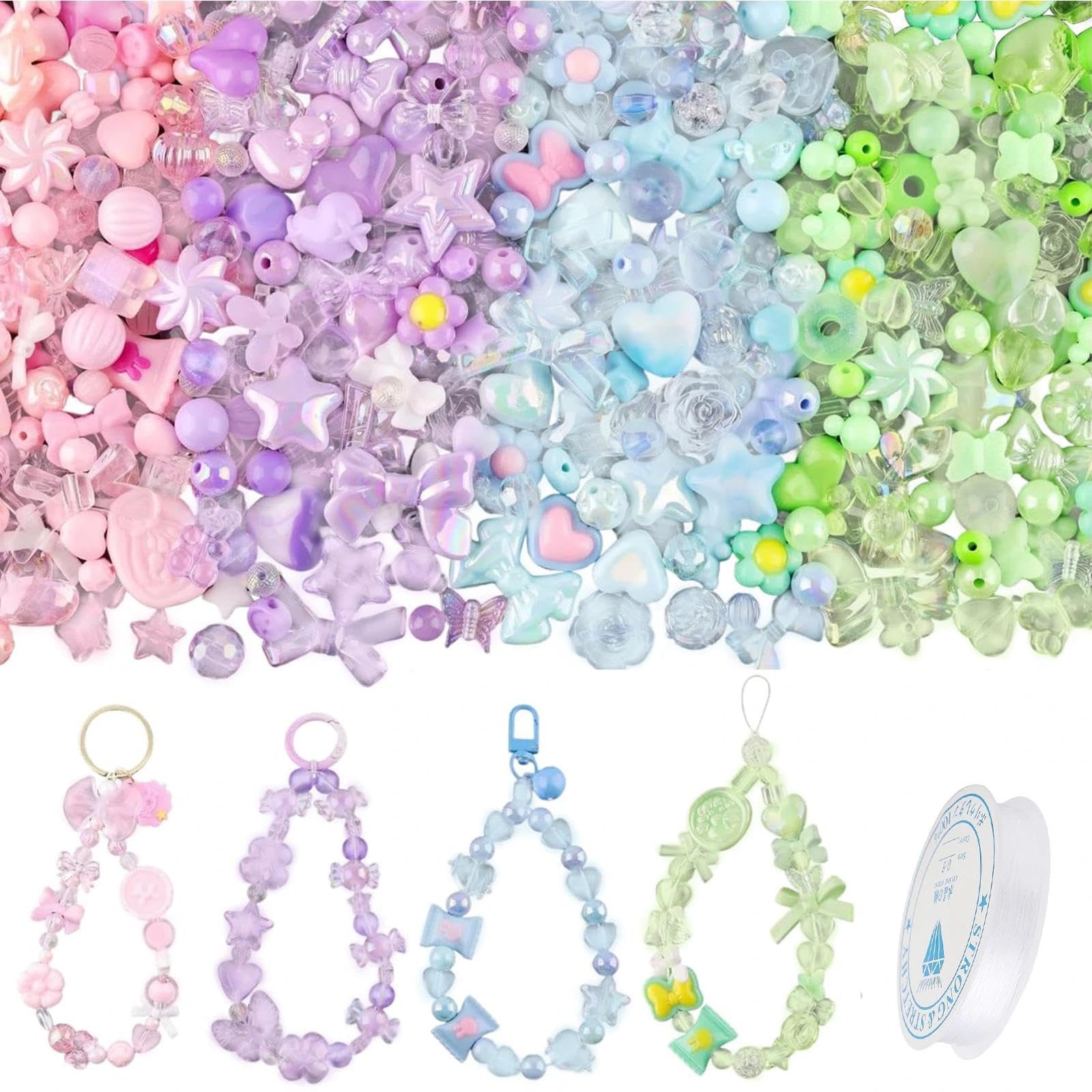 Acrylic Beads for Bracelets, 180PCS-240PCS Plastic Beads for Crafting, 4 Mixed Colors Bracelet Beads in Bow Heart Butterfly Flower Shape for DIY Necklaces Phone Charms