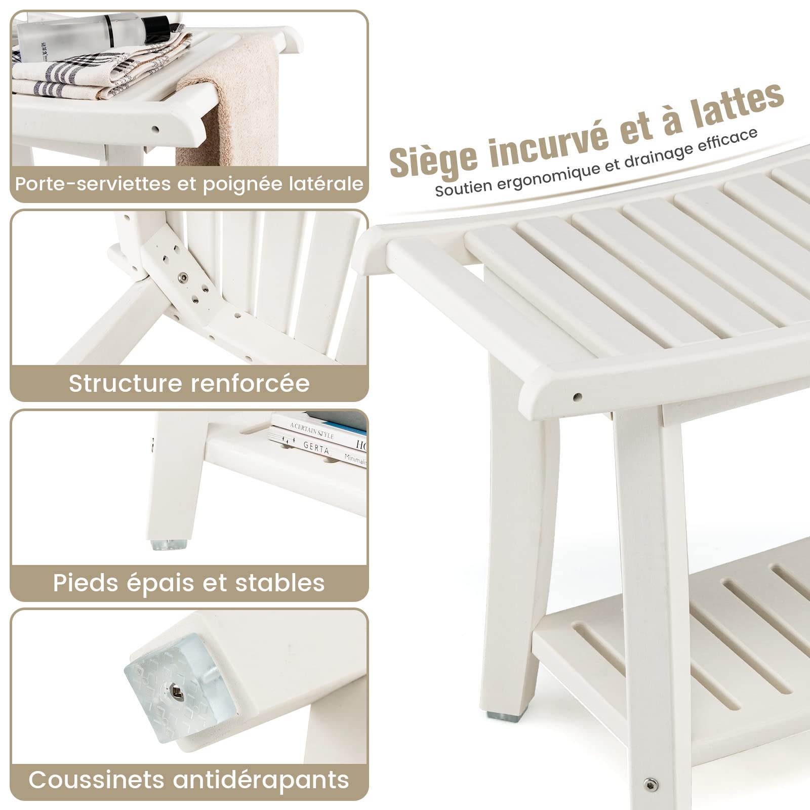 COSTWAY Tabouret Salle de Bain 2 Niveaux en PEHD Étanche, Banc de Douche Antidérapants Siège Incurvé pour Enfants et Adultes Charge Max 150kg, 60,5 x 34 x 48 cm (Blanc)