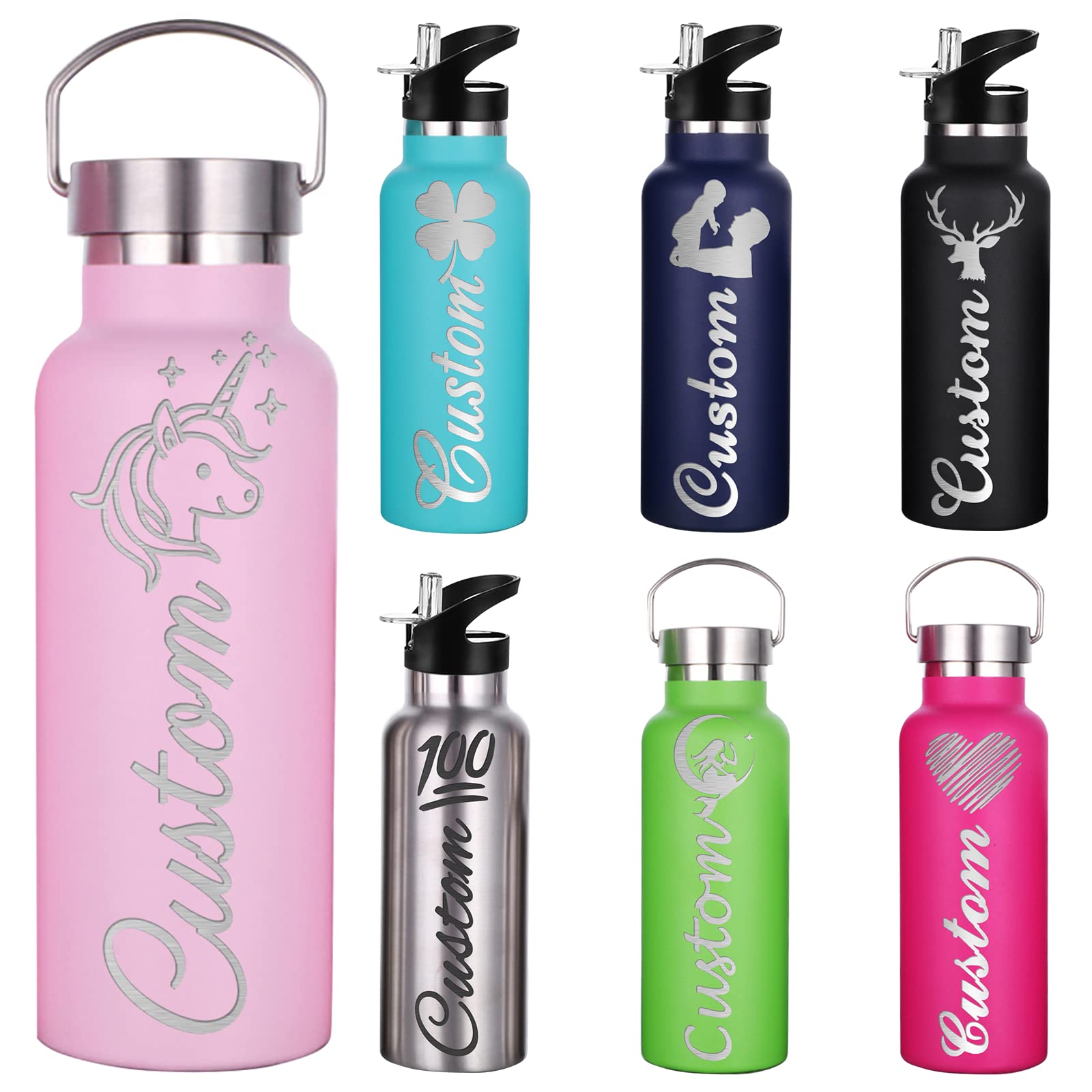 Busparst Personalized Water Bottles Insulated with Straw,Custom Engraved Sport Water Bottle with Name,Customized Stainless Steel Water Bottle for Girl