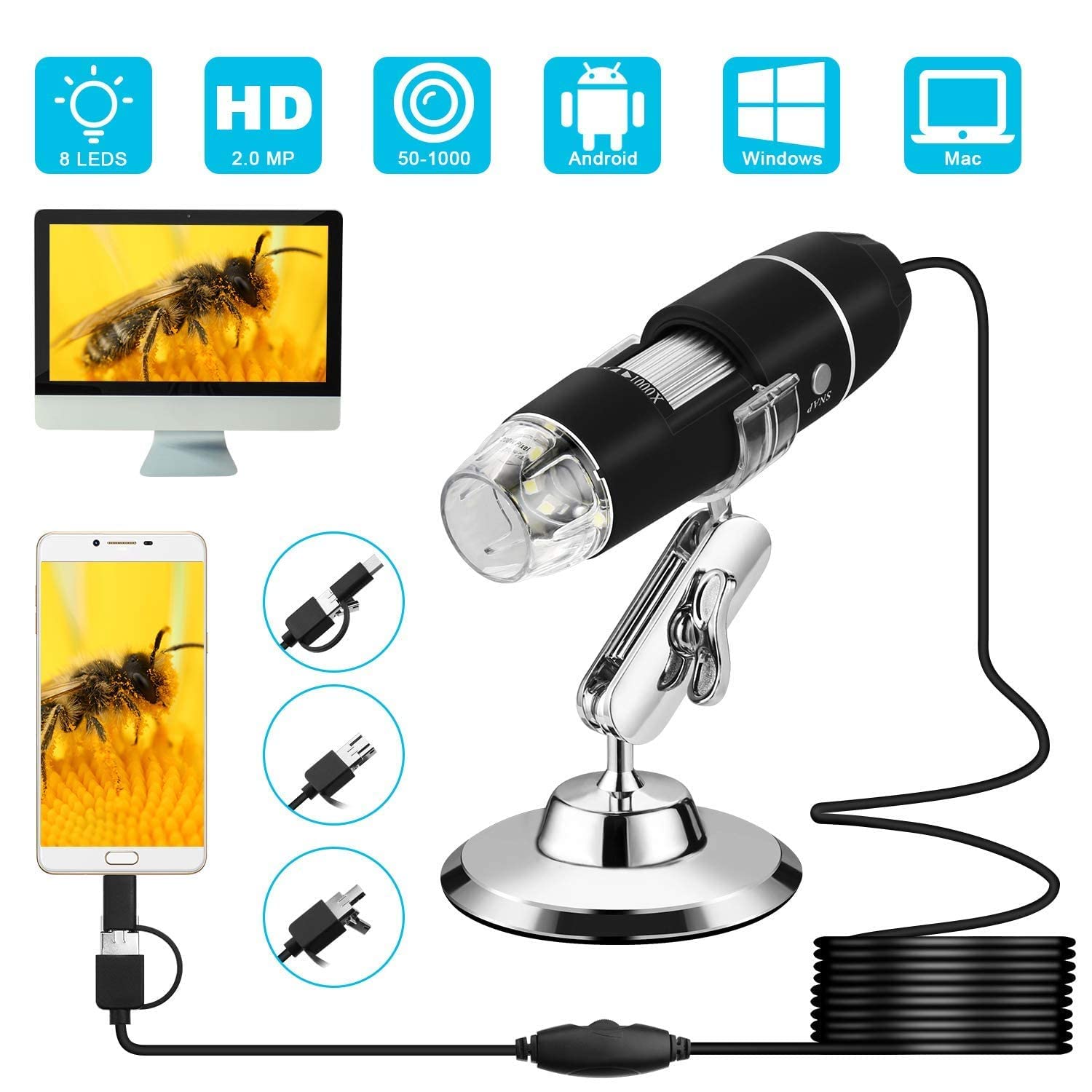 Smars® HD 1920x1080P 3 in 1 50 to 1000x Magnification USB Digital Microscope, Endoscope with 2.0MP Camera 8 LEDs Stand Holder for Android Phone Tablet, Windows and MacBook OS Computer (Black) - Image 2 thumbnail