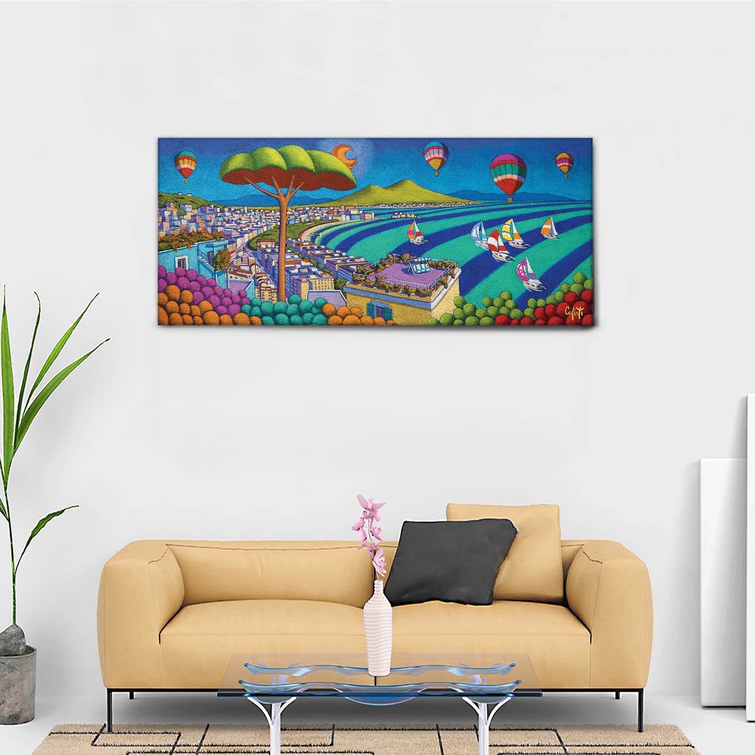 Giallobus - Quadro - Stefano Calisti - Costiera con barche - Tela canvas - 140x60 - Pronto da appendere - Quadri moderni per la casa