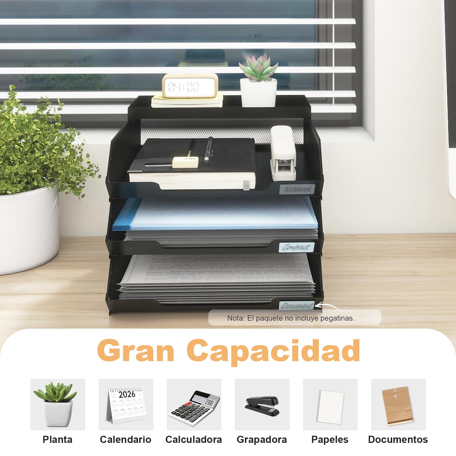 PUNCIA Bandejas Apilables 3 Niveles de Oficina Bandeja Metálica para Documentos A4 Organizador Escritorio de Papeles Archivador Clasificador con Bandejita Superior Negro