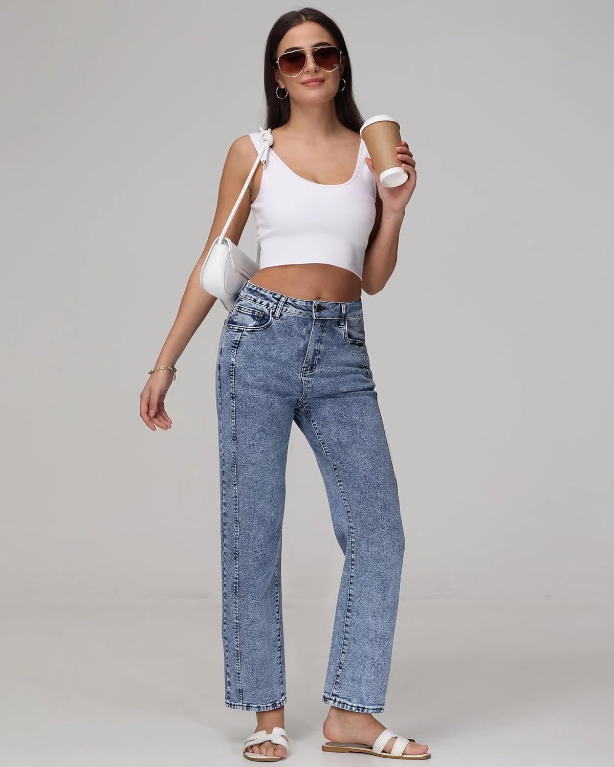 Womens Wide Leg Jeans High Waisted Stretchy Front Seams Ankle Length Straight Leg Jeans for Women - Image 5