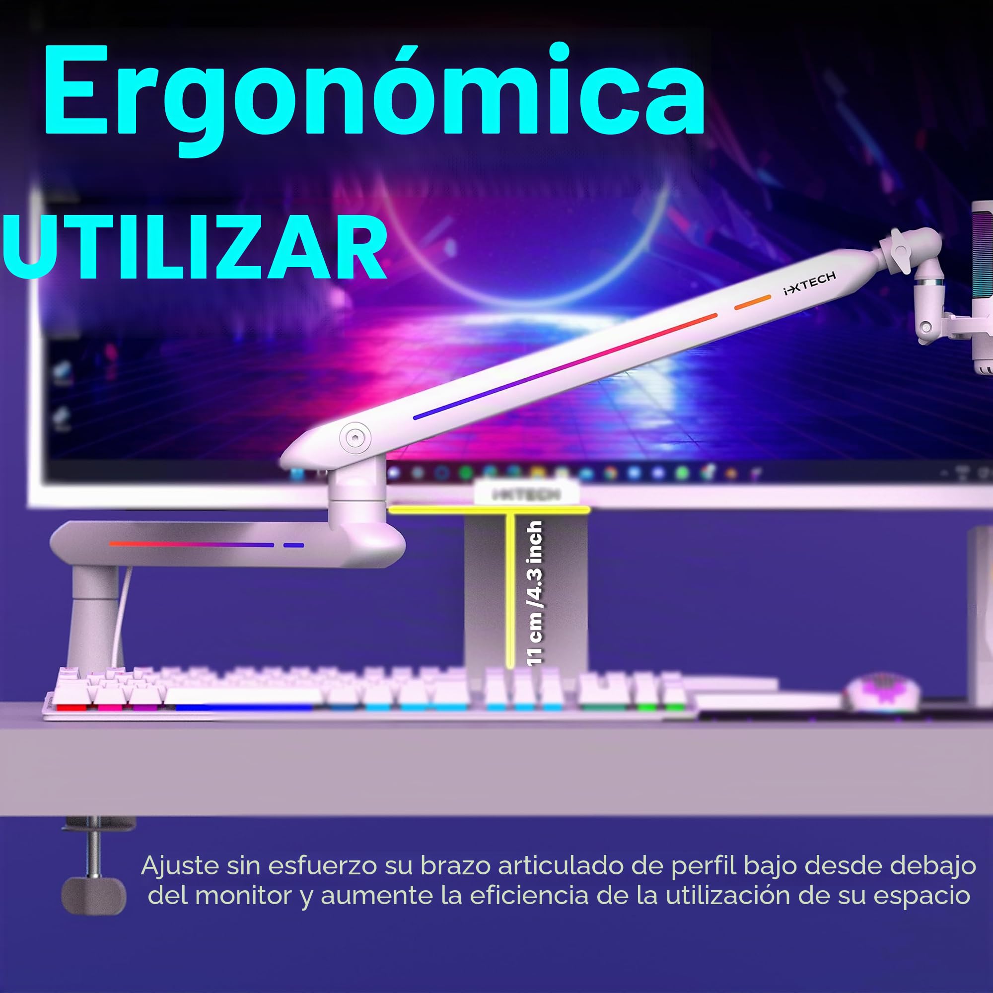 IXTECH Brazo de brazo RGB de perfil bajo para micrófono, soporte de brazo de micrófono ajustable con abrazadera de montaje en escritorio, soporte giratorio para micrófono con gestión de cables para
