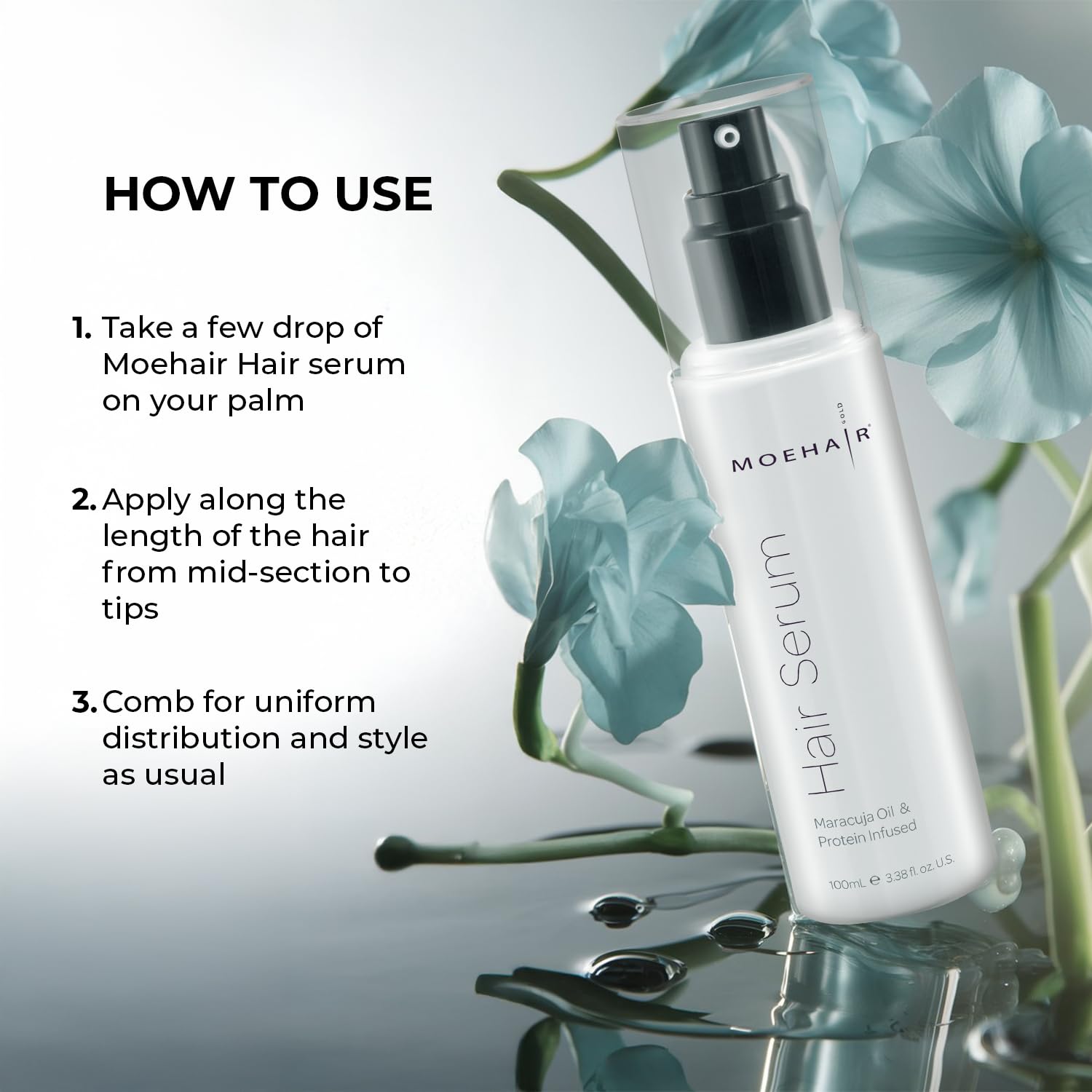 MOEHAIR Anti Frizz Hair Serum | Infused with Maracuja Oil and Protein | Hair Serum for Frizzy Hair | Paraben and Sulfate-Free Hair Smoothing Serum | For Strong and Silky Hair (3.38 Fl. Oz) - Image 6