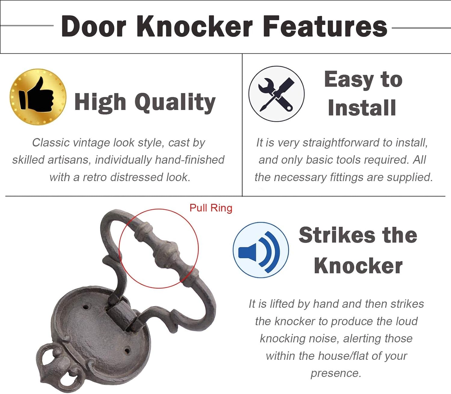 Door Handle Door Knocker Unique Cast Iron Knockers, Vintage Front Door Knocker Small Wall Mounted Metal Pull Rings Bedroom Gate H