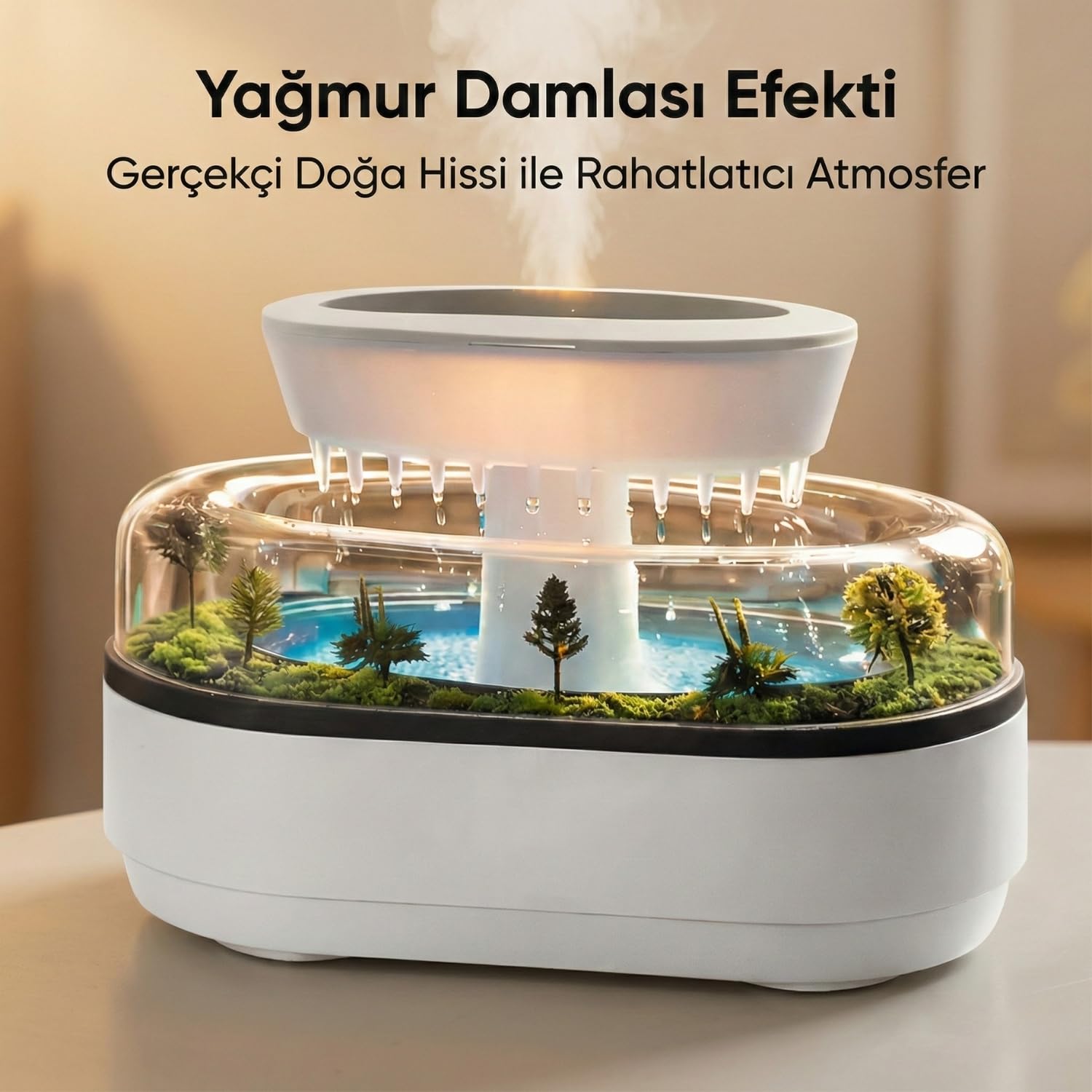 Aromaterapi Hava Nemlendirici, Yağmur Damlası Efekti ve Rahatlatıcı Doğa Sesleri, 7 Farklı LED Ambiyans Işıklı, Aromaterapi Yağı Eklenebilir, Ultrasonik Buhar Teknolojili Ortam Nemlendirici Difüzör