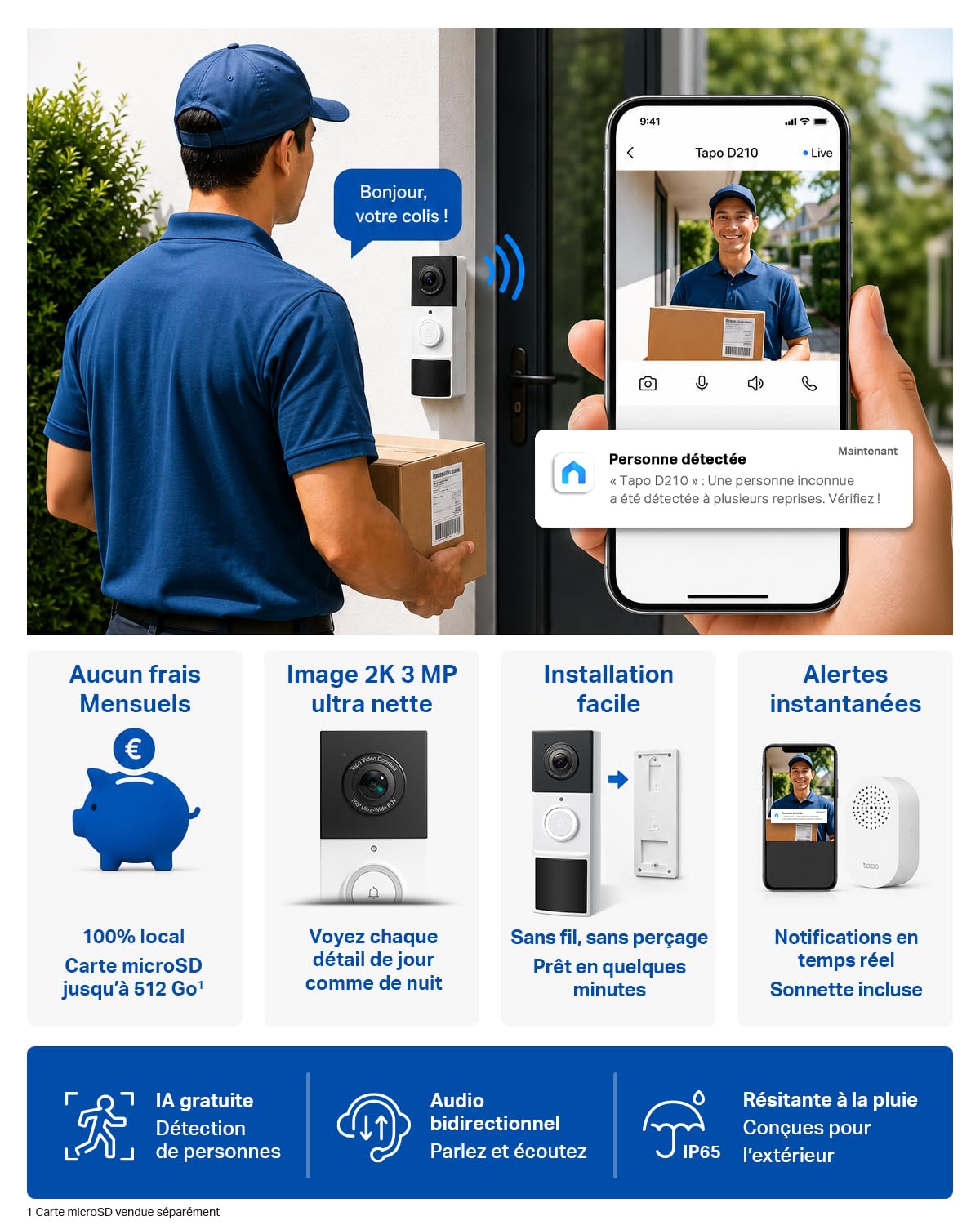 Tapo D210 Sonnette sans Fil avec caméra Exterieur 2K 3MP, IP65 étanche, Ultra Grand Angle 160°, Vision Nocturne en Couleur, Détection Humaine AI Gratuite, Audio Bidirectionnel, Installation Facile
