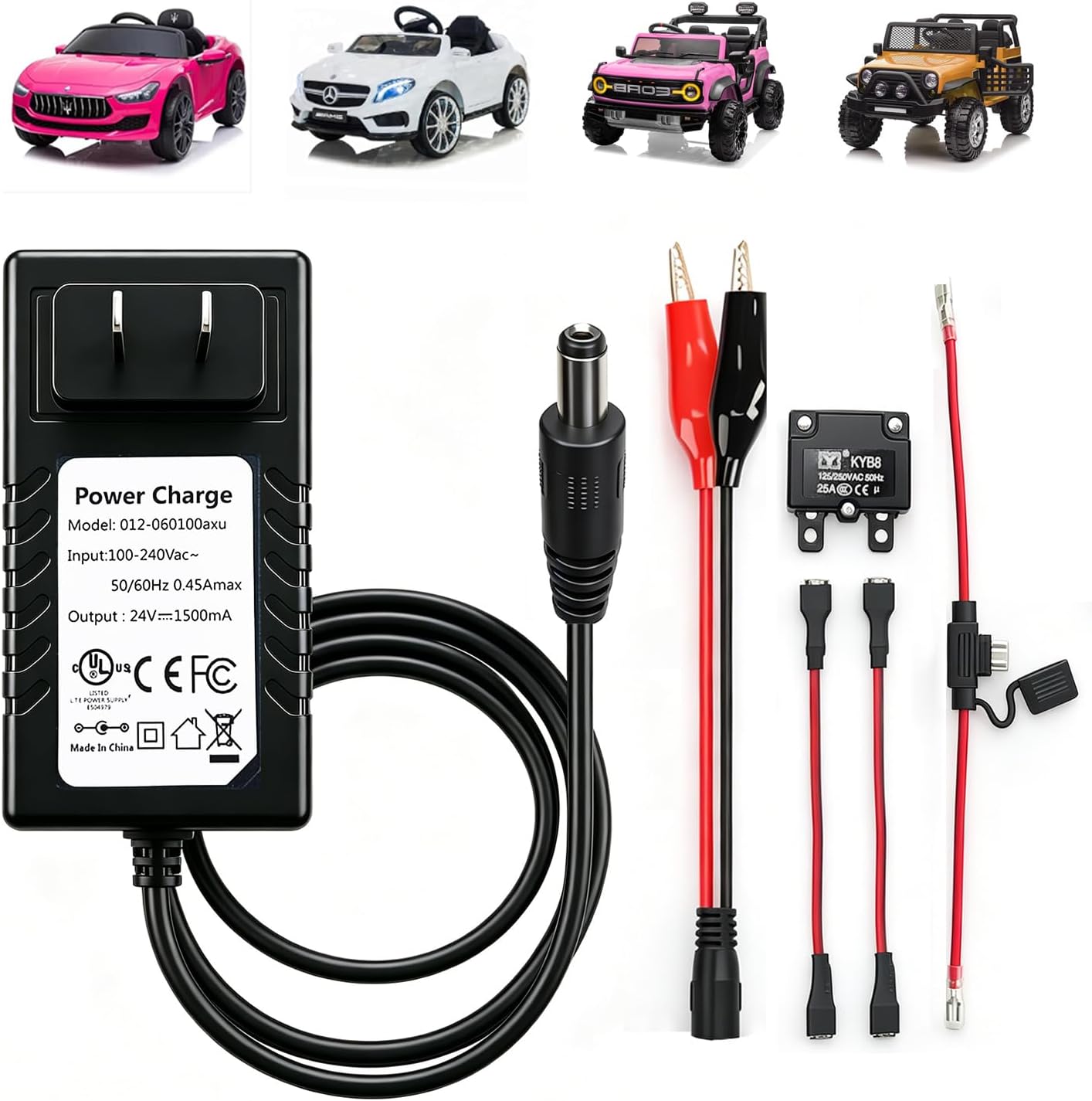 24V 1.5A Battery Charger for Power Wheels, Kids Ride On Toys Car Battery Charger,24 Volt 15000mA Charger for Ride On Car, Alligator Clip, 2 Fuses