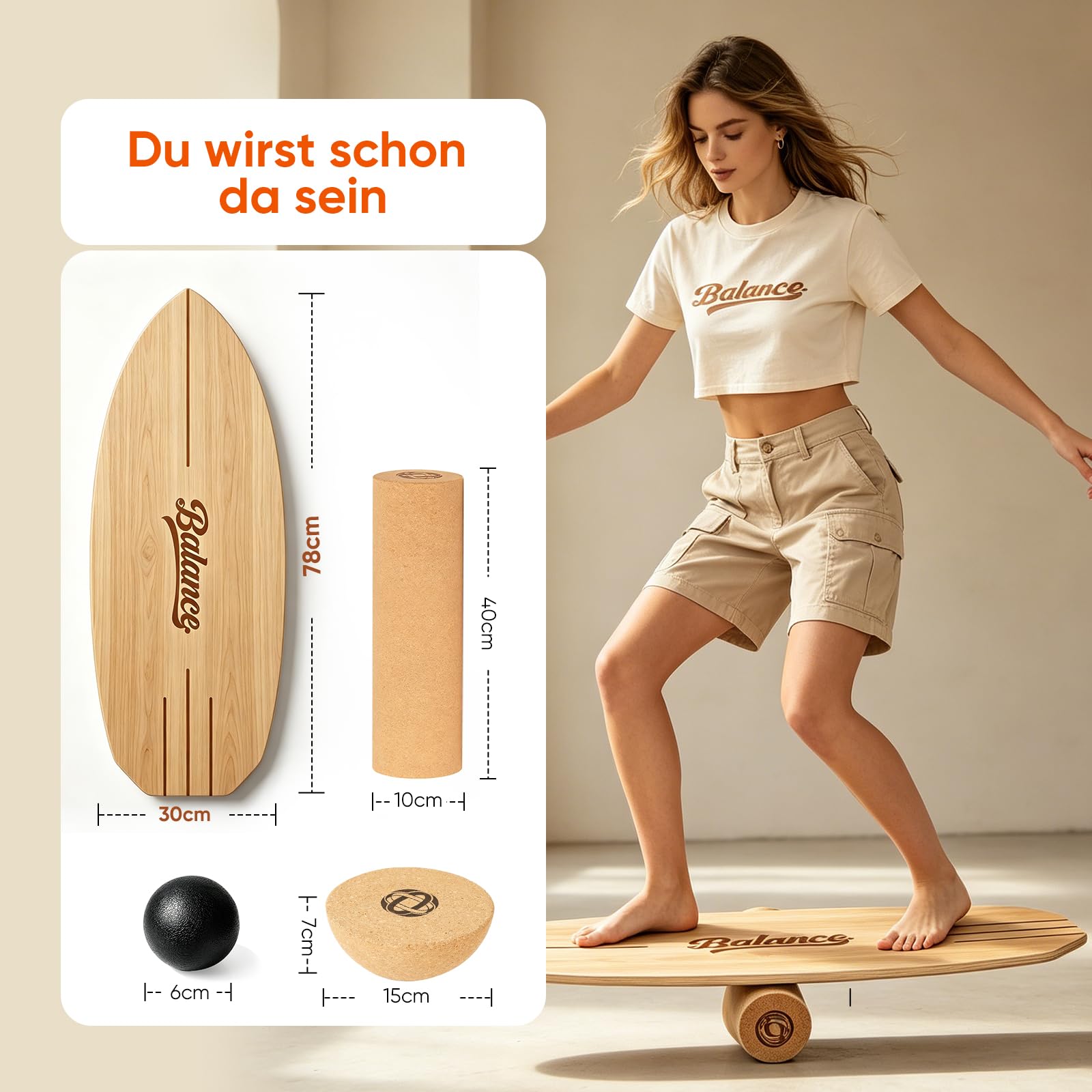 Balance Board aus Massivholz, 78 x 30 cm, bis 204 kg – Komplett-Set mit Rolle, Halbkugel & Faszienball – rutschfestes Gleichgewichtsboard für Fitness, Yoga & Reha,Holz