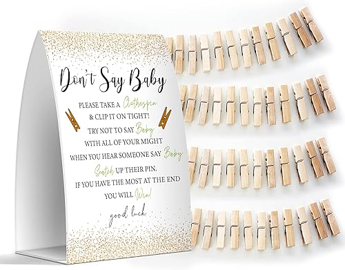 Juego de texto en inglés "Don't Say Baby", un letrero de 5 x 7 pulgadas y 50 mini pinzas para la ropa, juegos de baby shower, decoración de baby