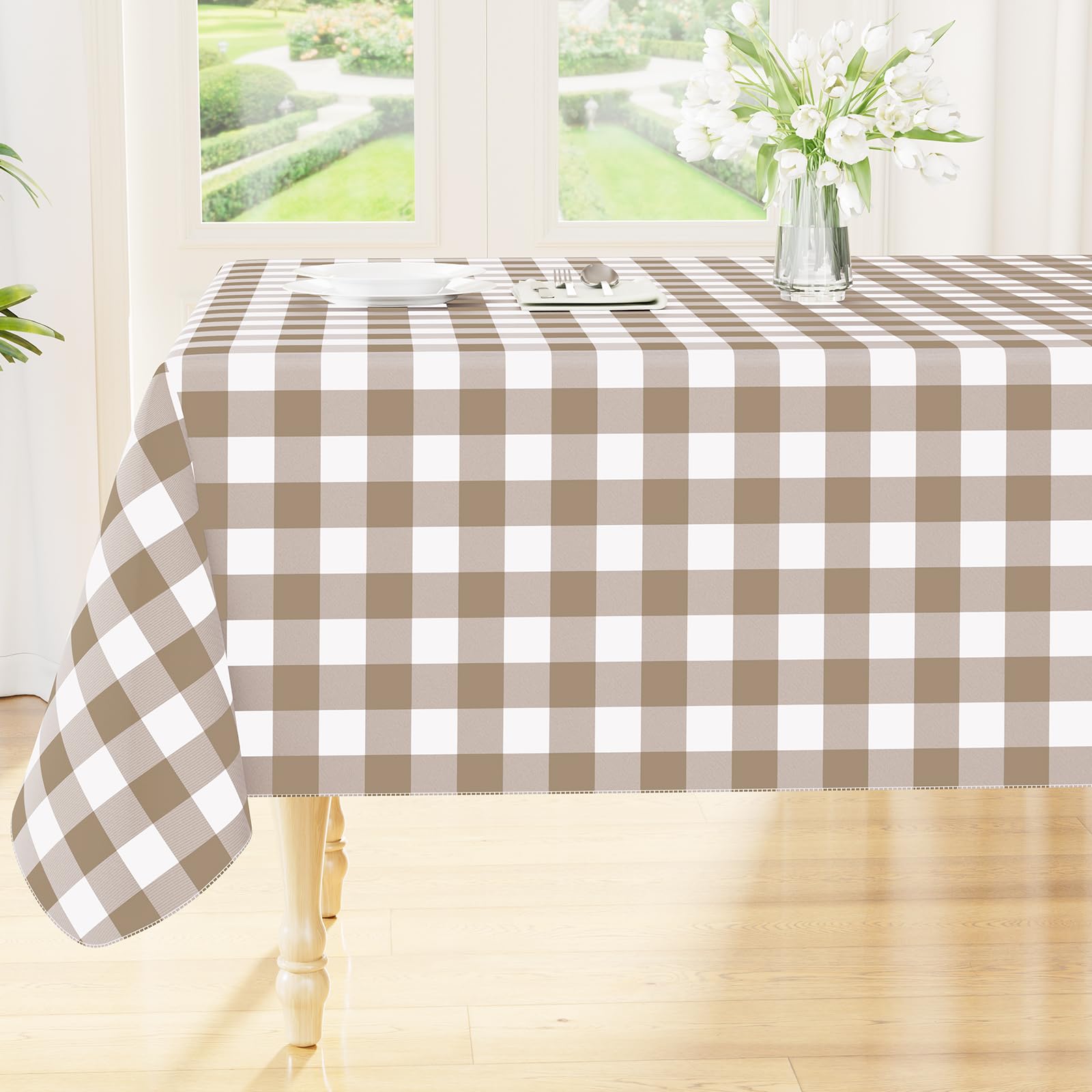 Photo 1 of Smiry Rectangle Table Cloth, Waterproof Vinyl Tablecloths with Flannel Backing, Wipeable Buffalo Plaid Table Cover for Picnic, Indoor and Outdoor (Khaki & White, 60"x84")