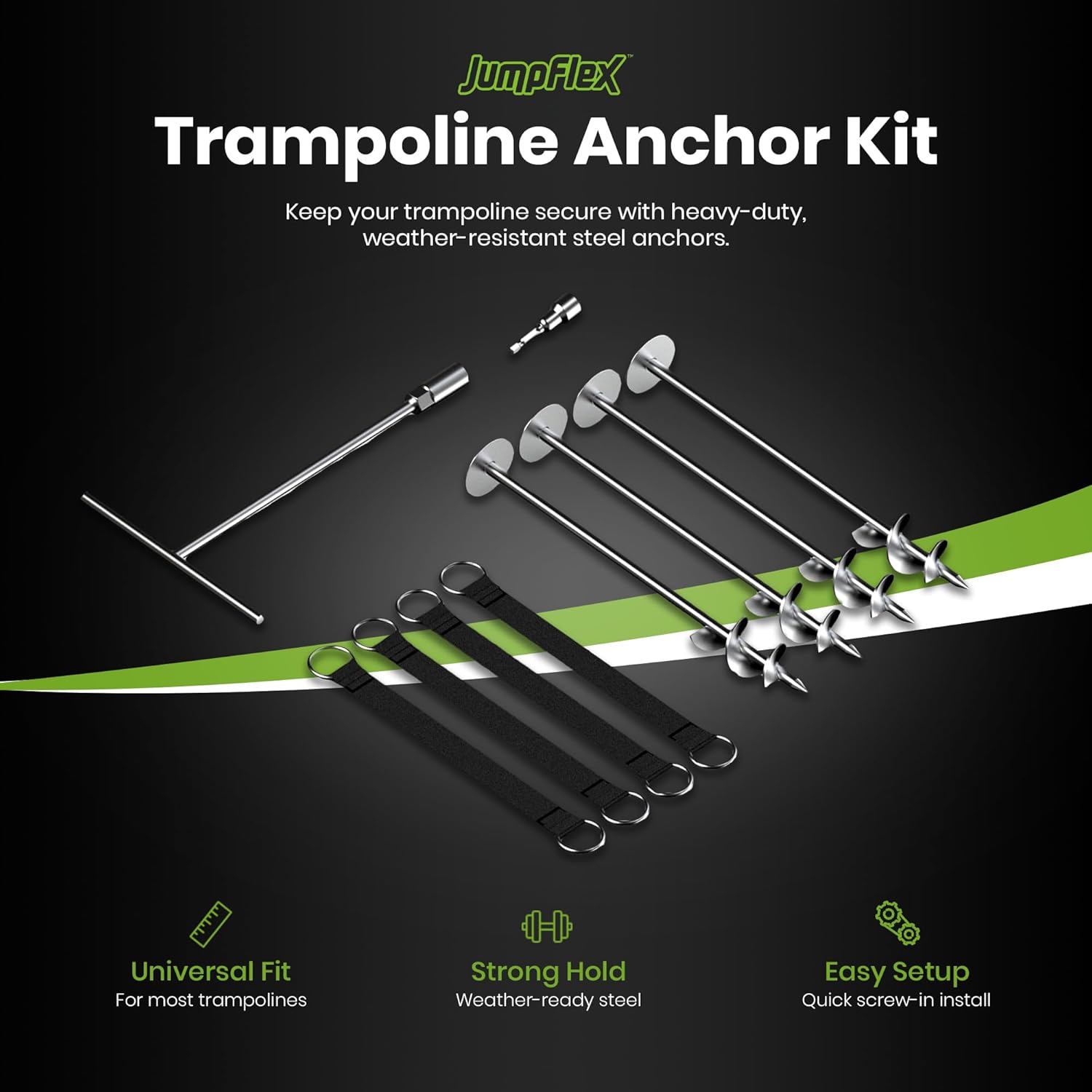 Jumpflex Trampoline Anchor Kit PRO, Heavy-Duty Metal Ground Anchors Set, Easy-to-Install Stakes for Outdoor Trampoline Anchoring