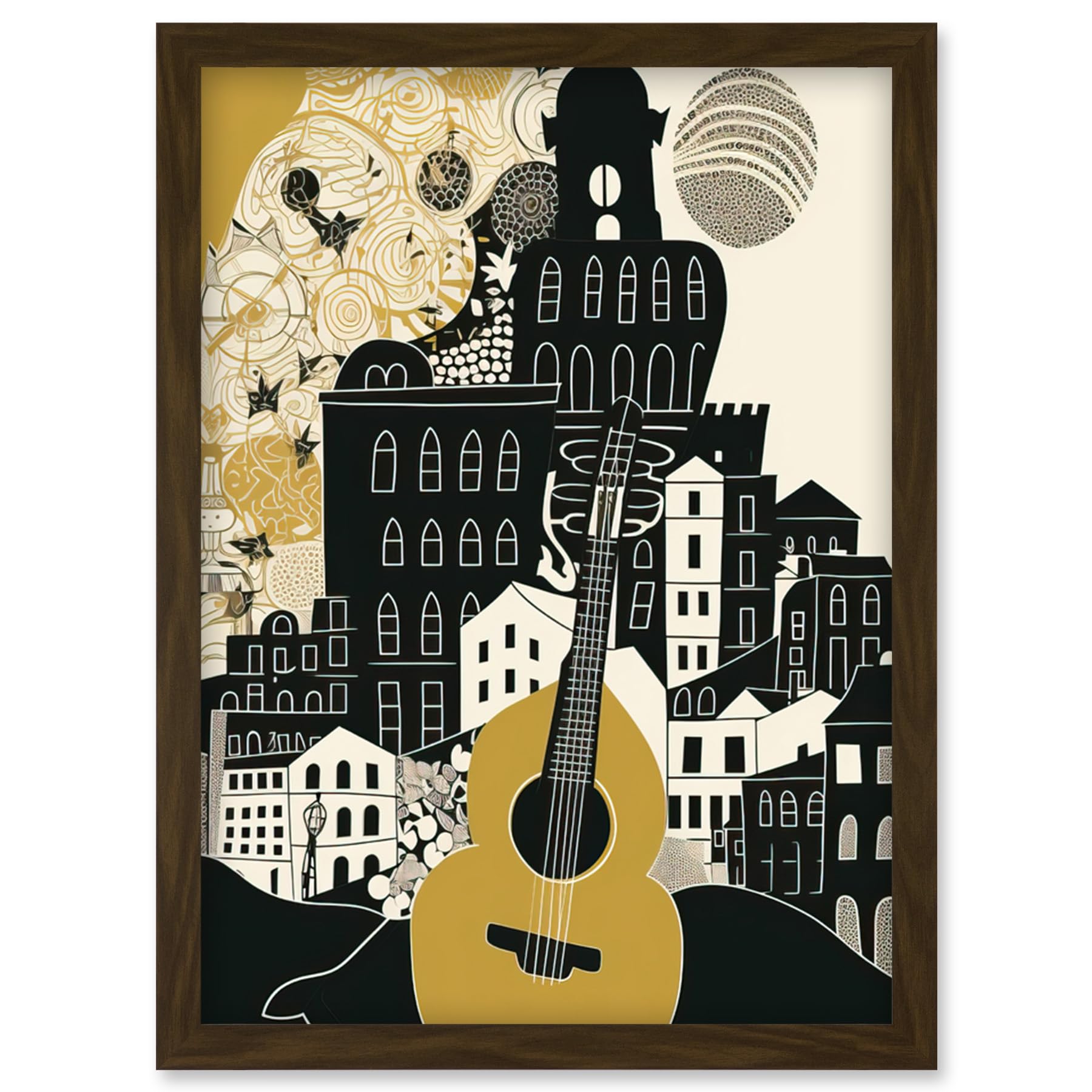 Artery8 Edinburgh Cityscape Fringe Festival Guitar Linocut Artwork Framed Wall Art Print A4