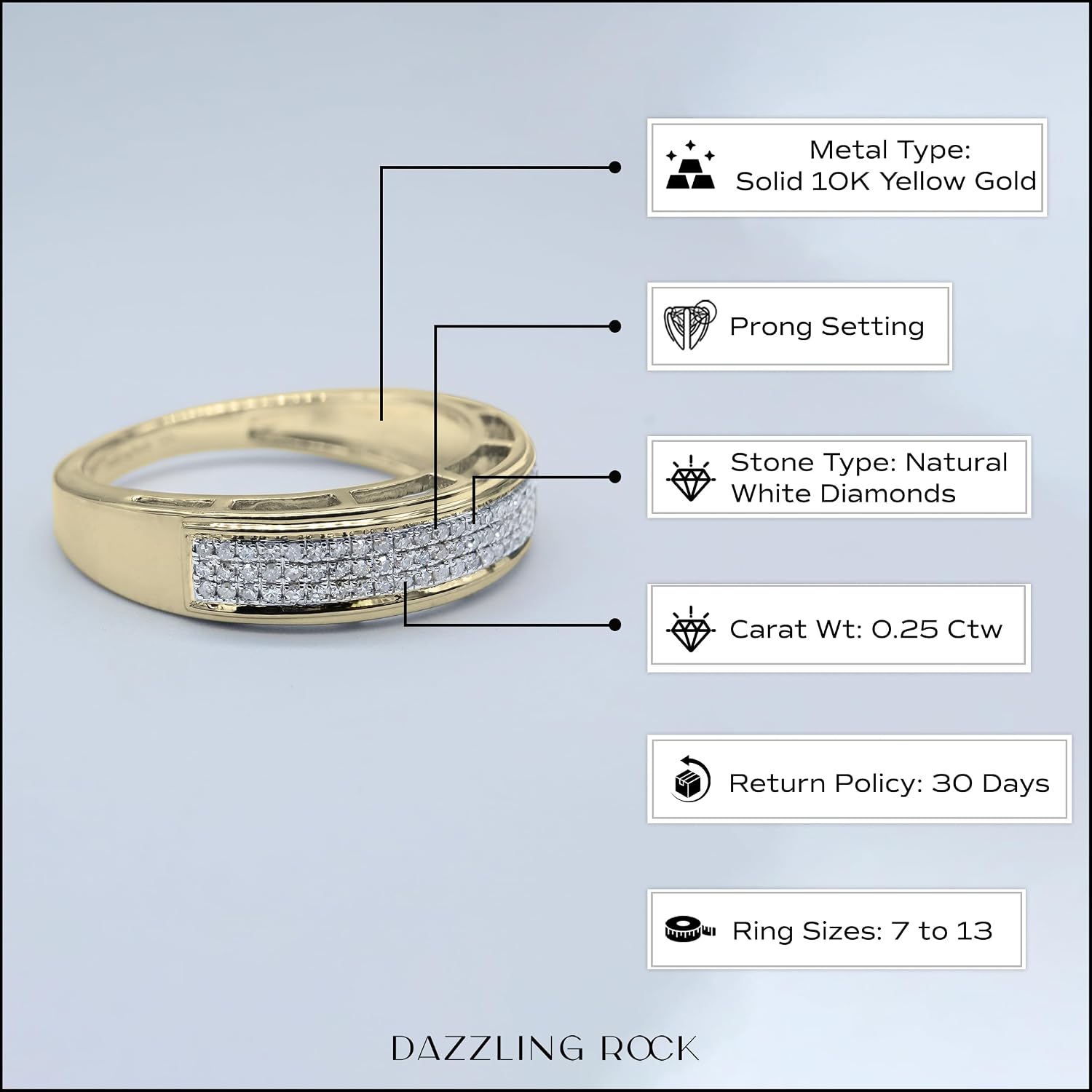 Dazzlingrock Collection 0.25 Ctw Round White Natural Diamond Three Row Micro-Pave Men's Wedding Band in 10K Real Solid Gold