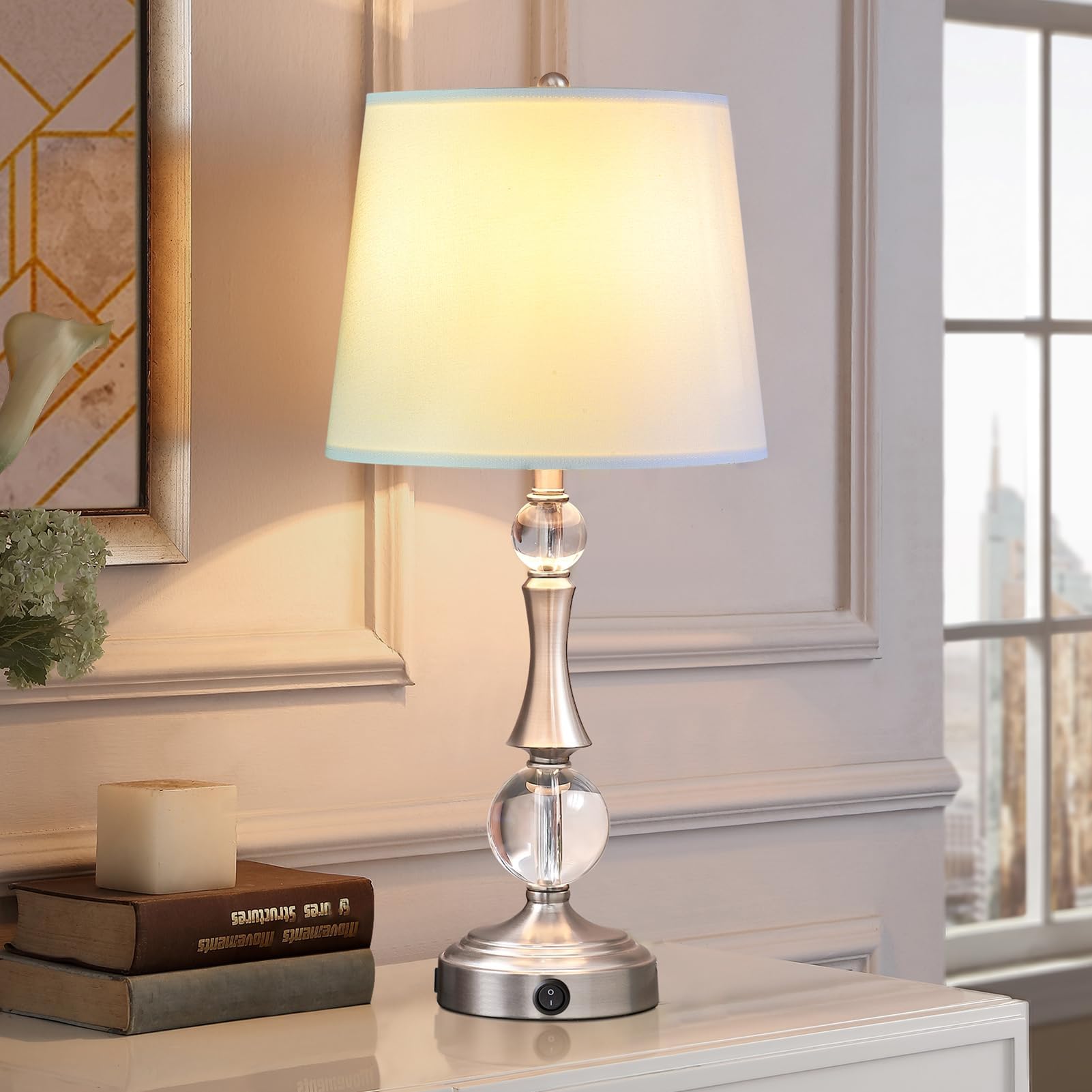 RORIA Modern Table Lamp for Living Room Bedroom, Crystal Nightstand Lamp with USB Charging Port, Silver Desk Lamp for End Table Bedside, Linen Fabric Shade, LED Bulb Included (Silver)